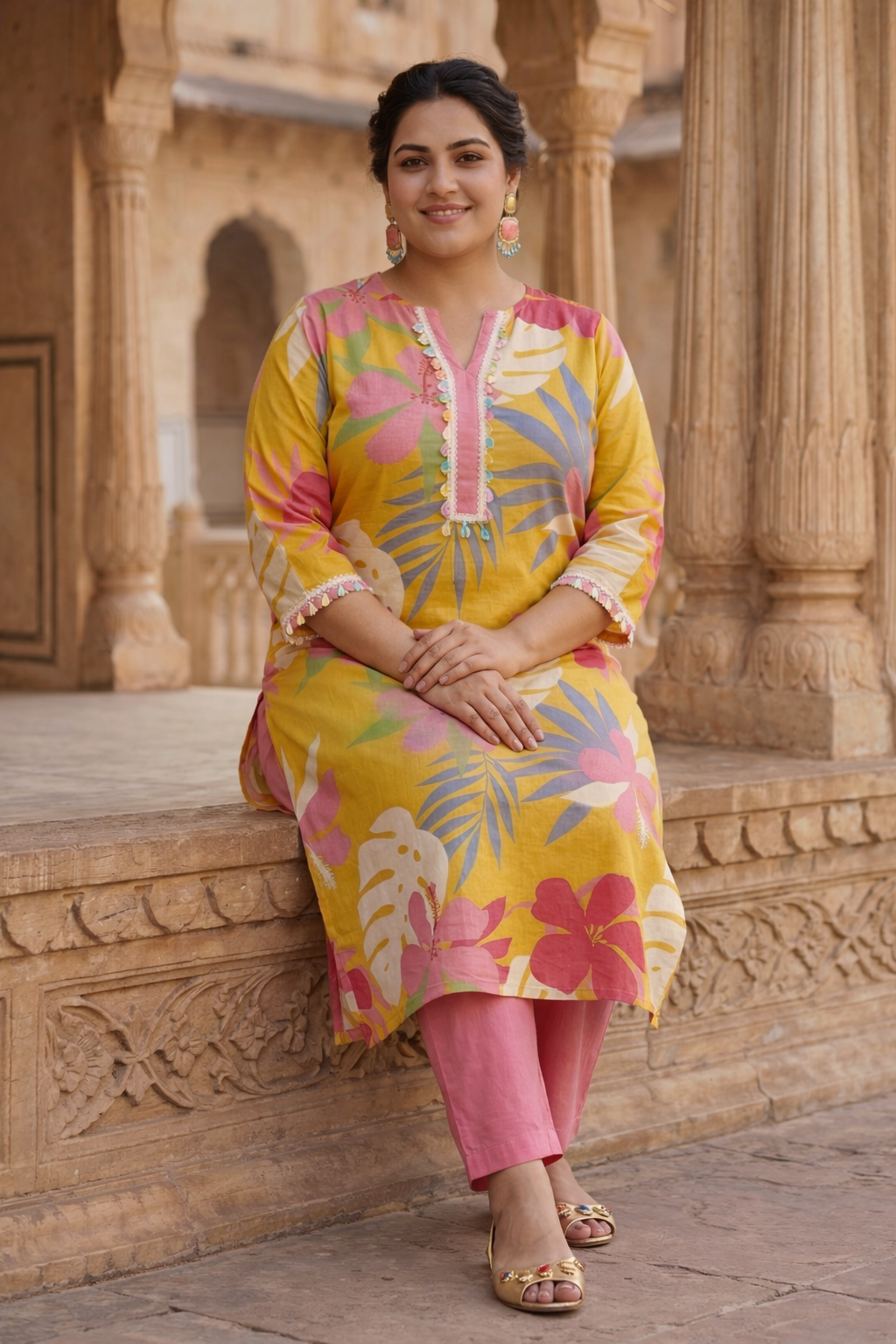 Tropical Bloom Mustard Yellow Cotton Kurta Set