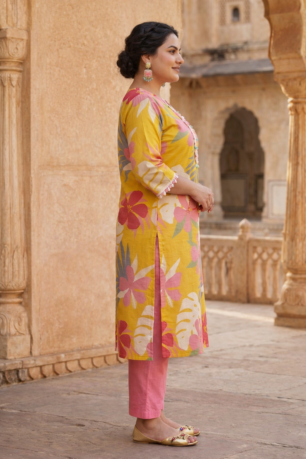 Tropical Bloom Mustard Yellow Cotton Kurta Set