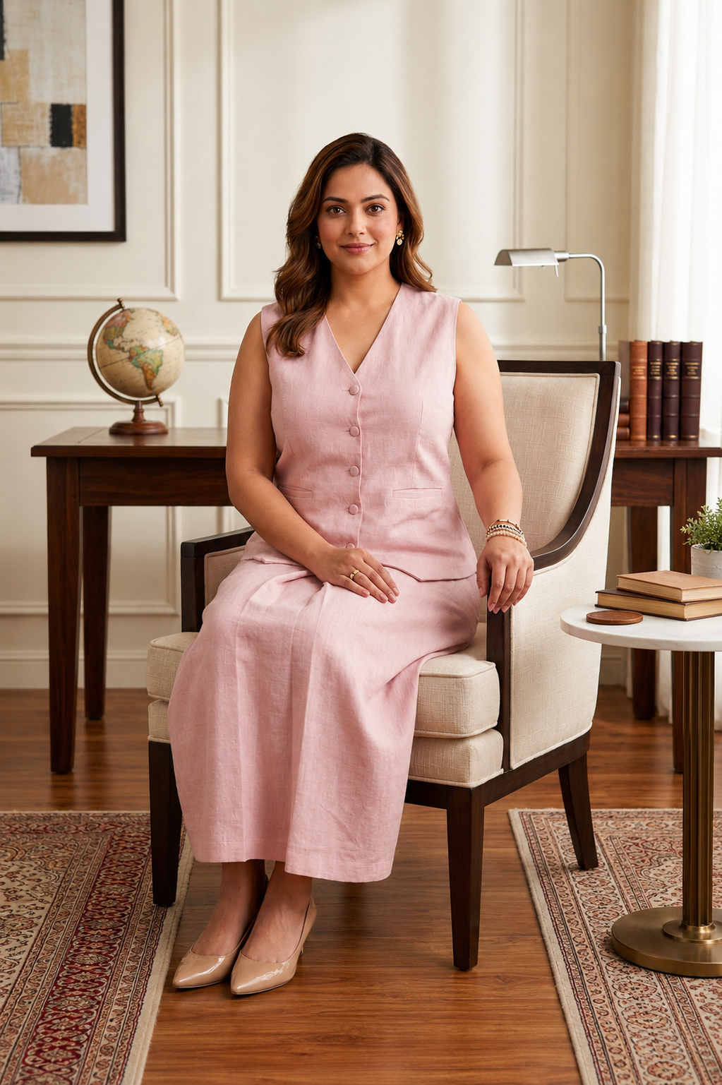 Blush Pink Linen Waistcoat & Midi Skirt Co-ord Set