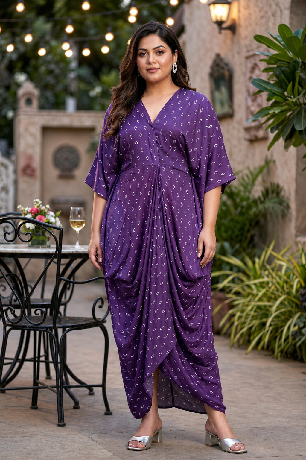 Violet V-Neck Bandhani Print Cowl Dress