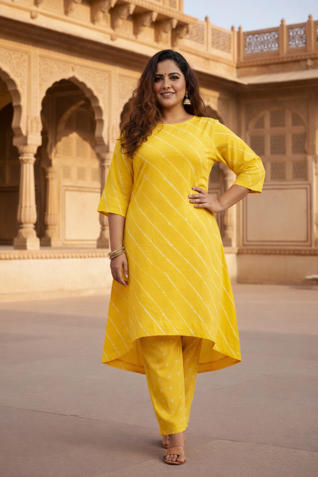 Yellow Leheriya Hilo Kurta Set - (Set of 2)