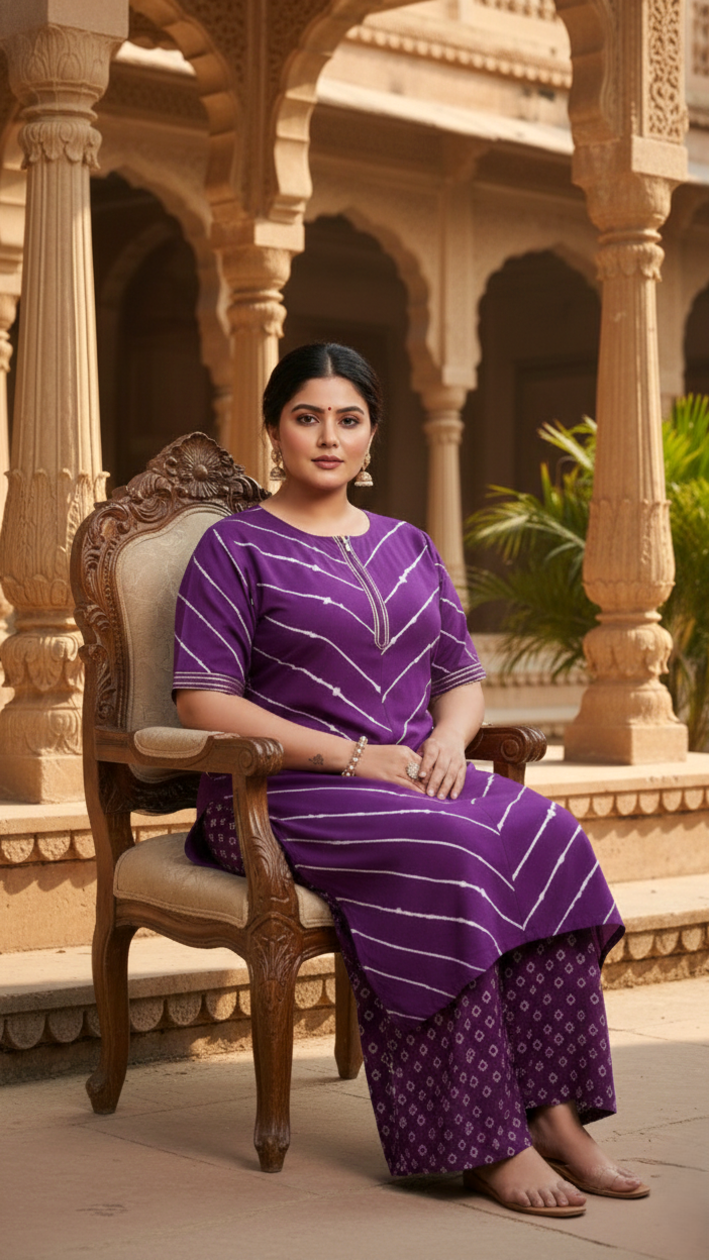 Jamuni Purple Leheriya Bhandhani Kurta Set - (Set of 2)