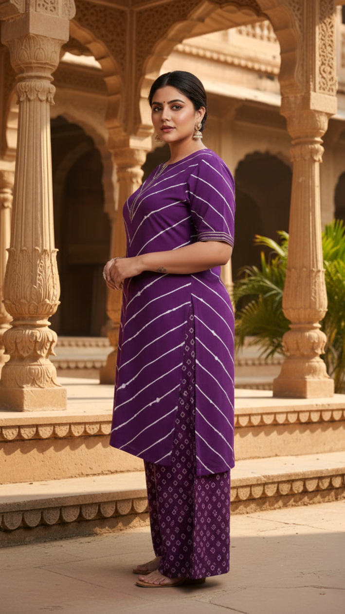 Jamuni Purple Leheriya Bhandhani Kurta Set - (Set of 2)