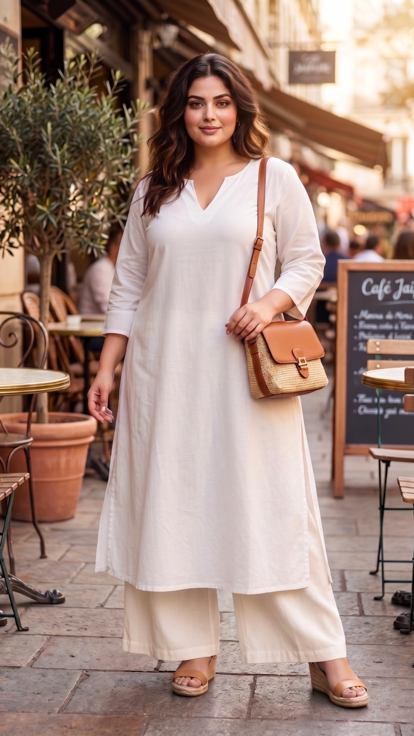 Plus Size White Linen Kurta– Relaxed Fit Straight Kurta for Women