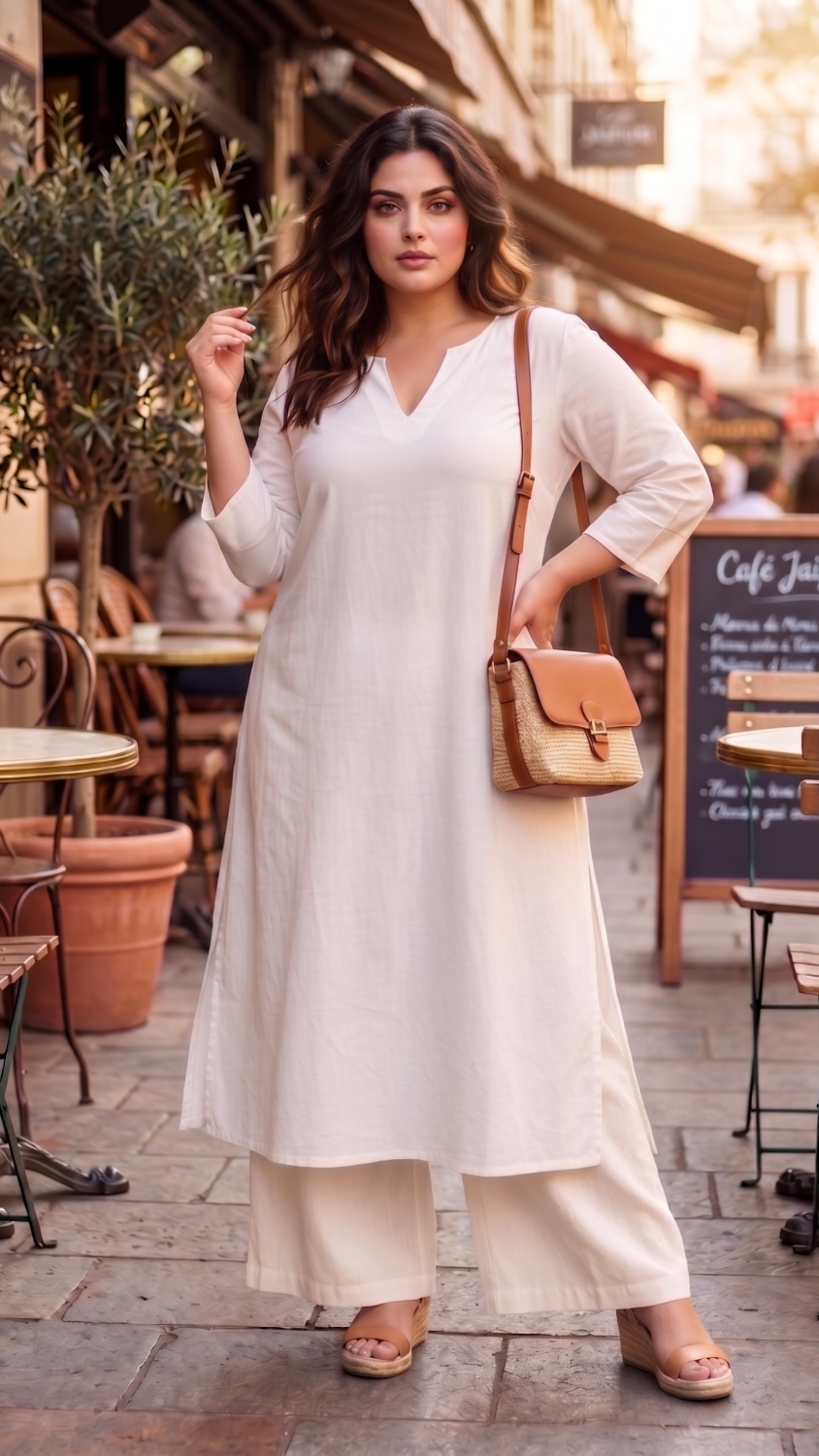 Plus Size White Linen Kurta– Relaxed Fit Straight Kurta for Women