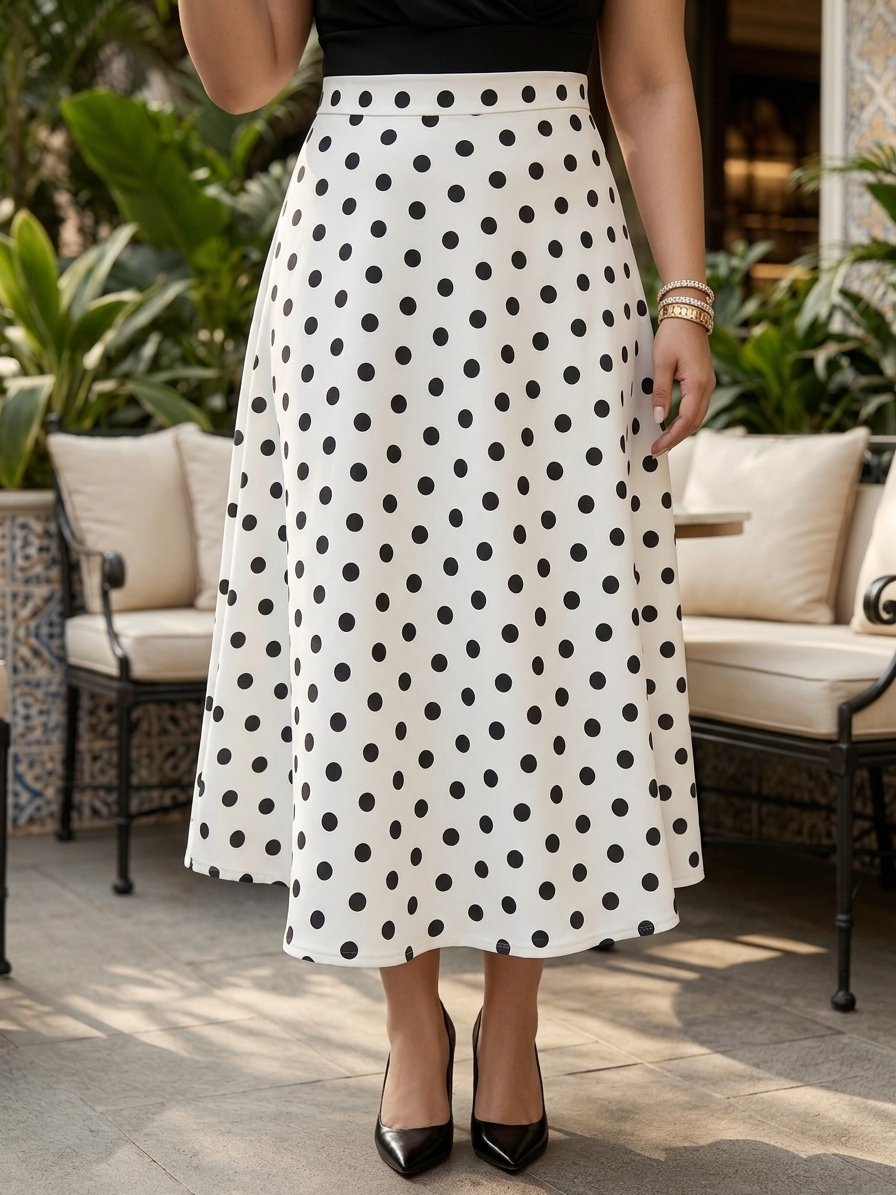 Plus Size Polka Dot Skirt for Women | White & Black A-Line Midi Skirt