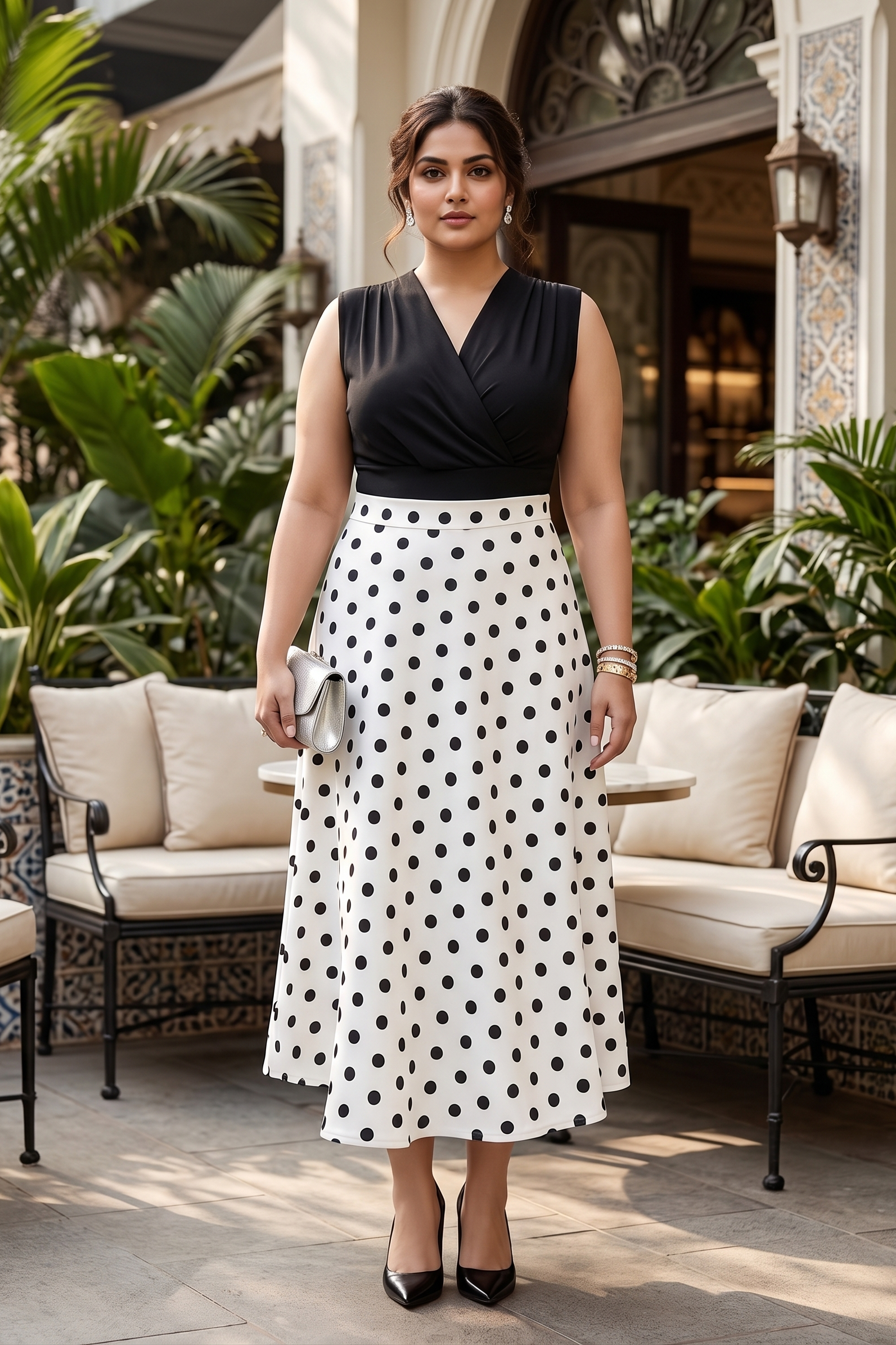 Plus Size Polka Dot Skirt for Women | White & Black A-Line Midi Skirt