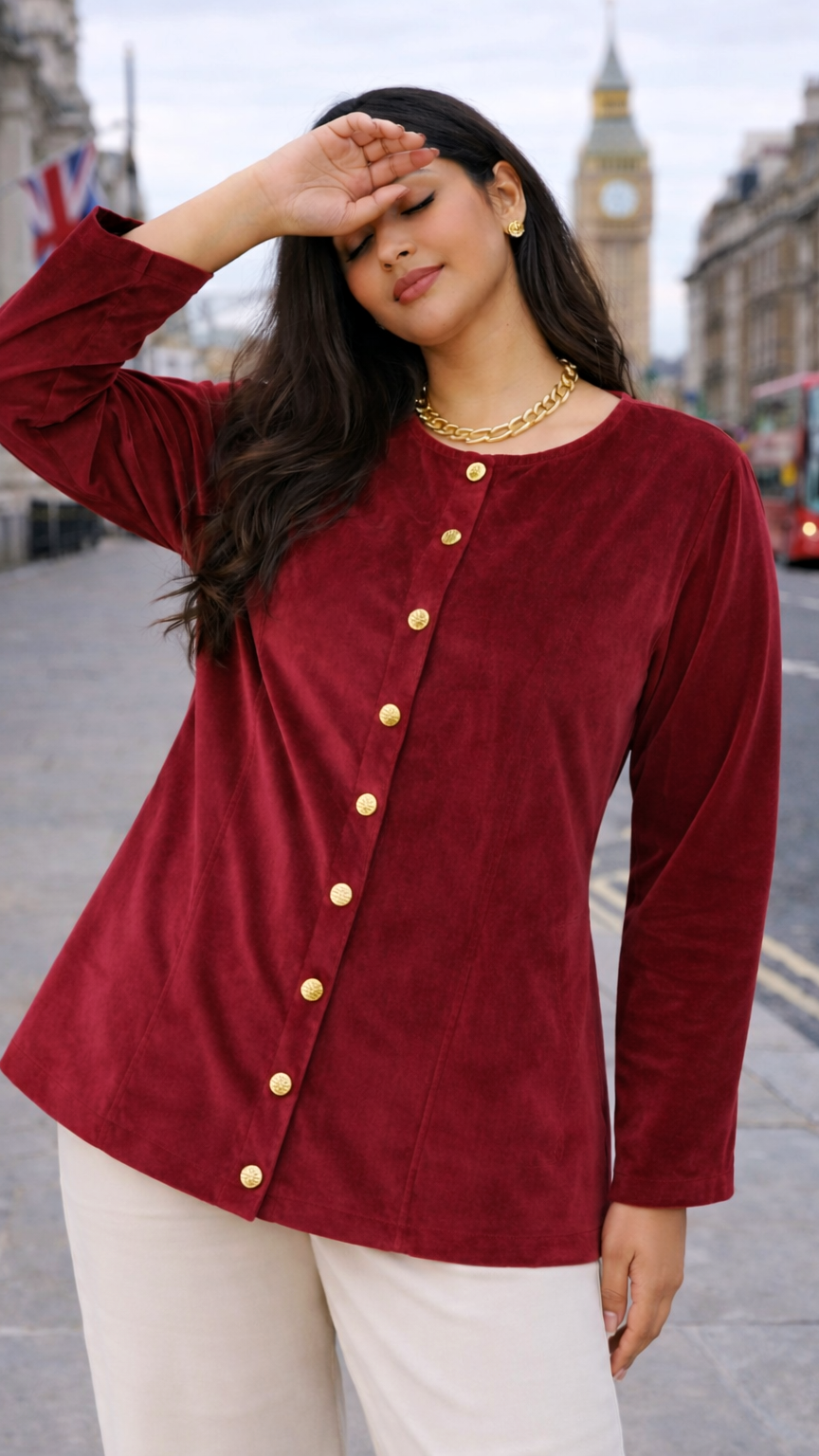 Wine Suede Velvet Longline Button-Down Jacket – Elegant Structured Fit