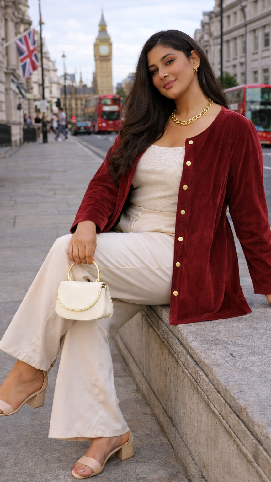 Wine Suede Velvet Longline Button-Down Jacket – Elegant Structured Fit