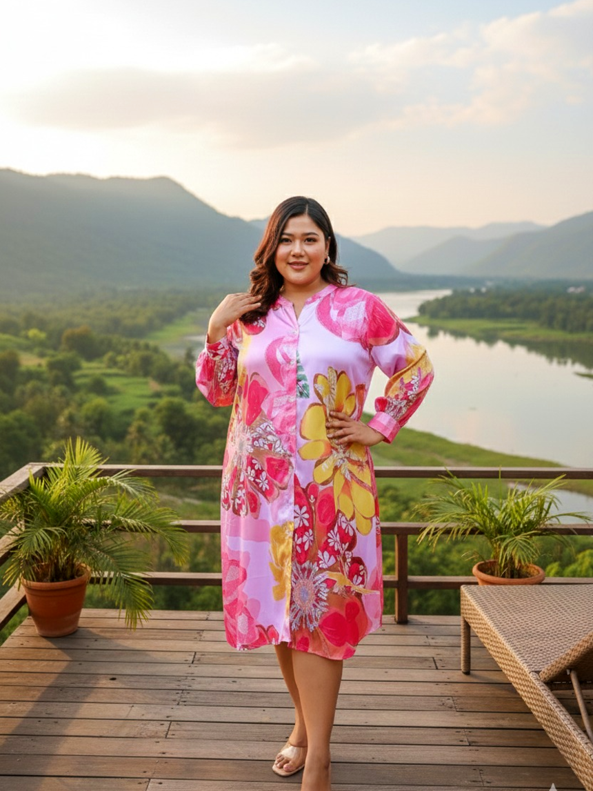 Pink Floral Print Shirt Dress