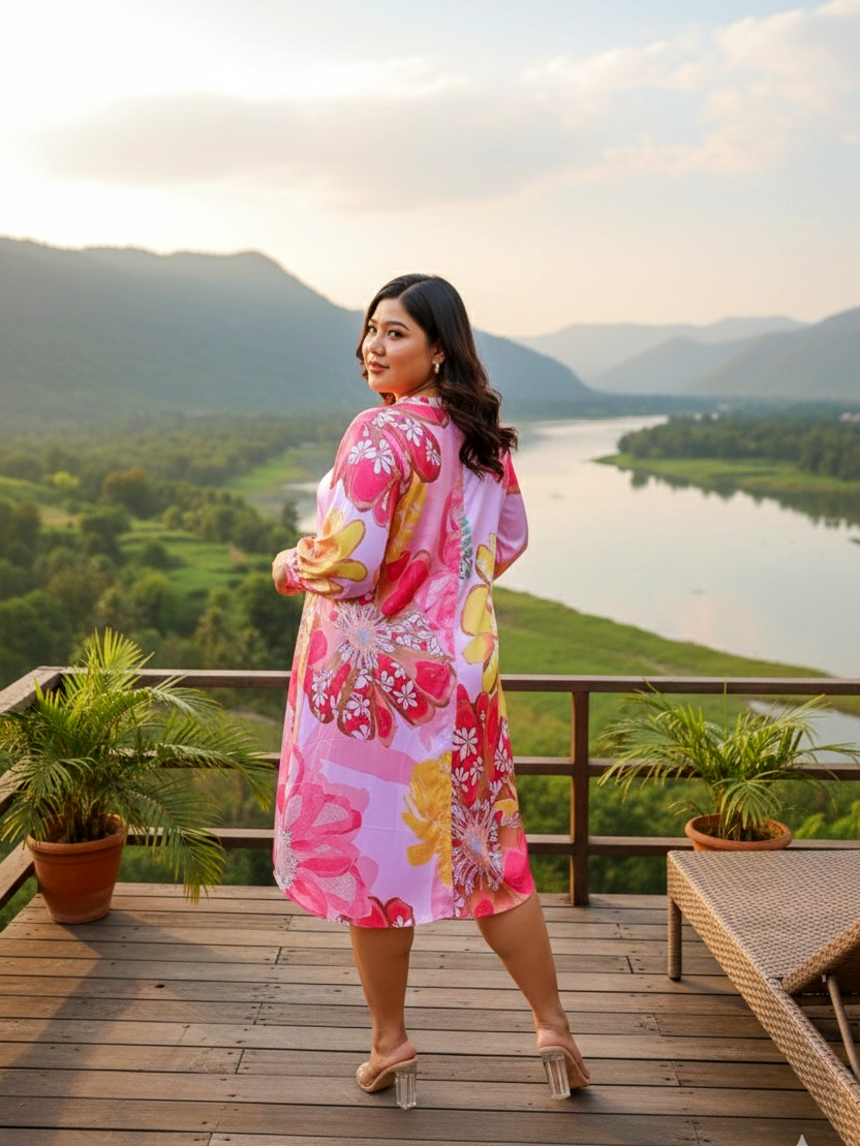 Pink Floral Print Shirt Dress