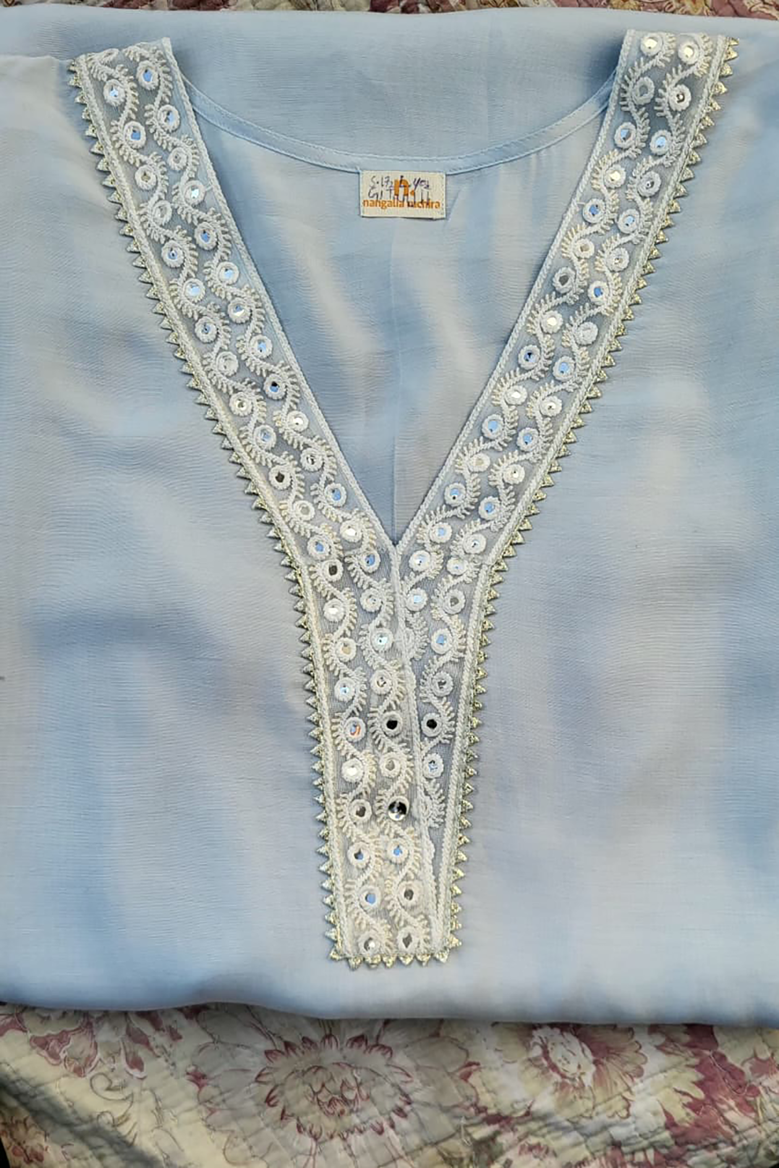 Plus Size Light Blue Ethnic Embellished Kurta & Pants Set for Women