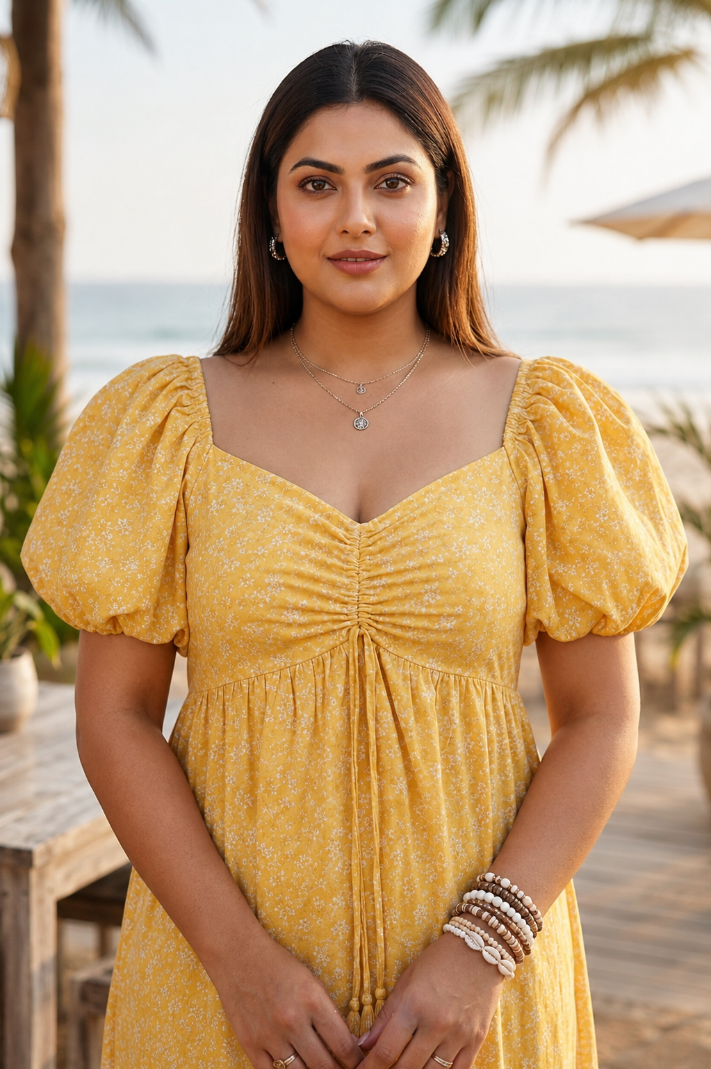 Regular Yellow Ditsy Floral Print Cotton Midi Dress