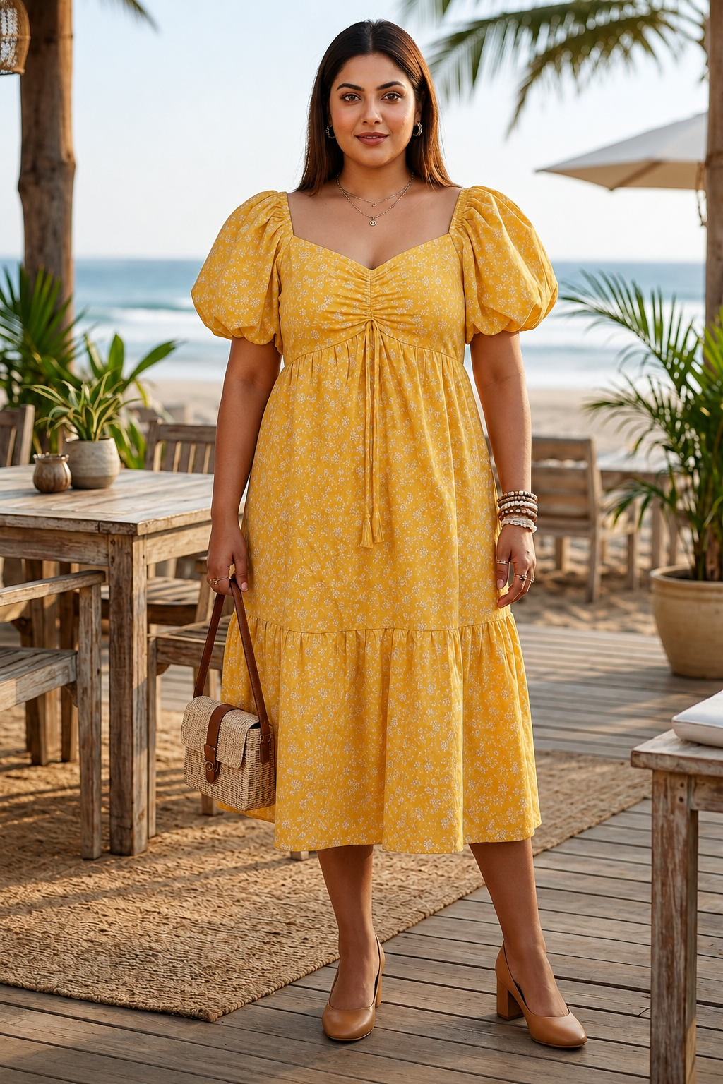 Yellow Ditsy Floral Print Cotton Midi Dress