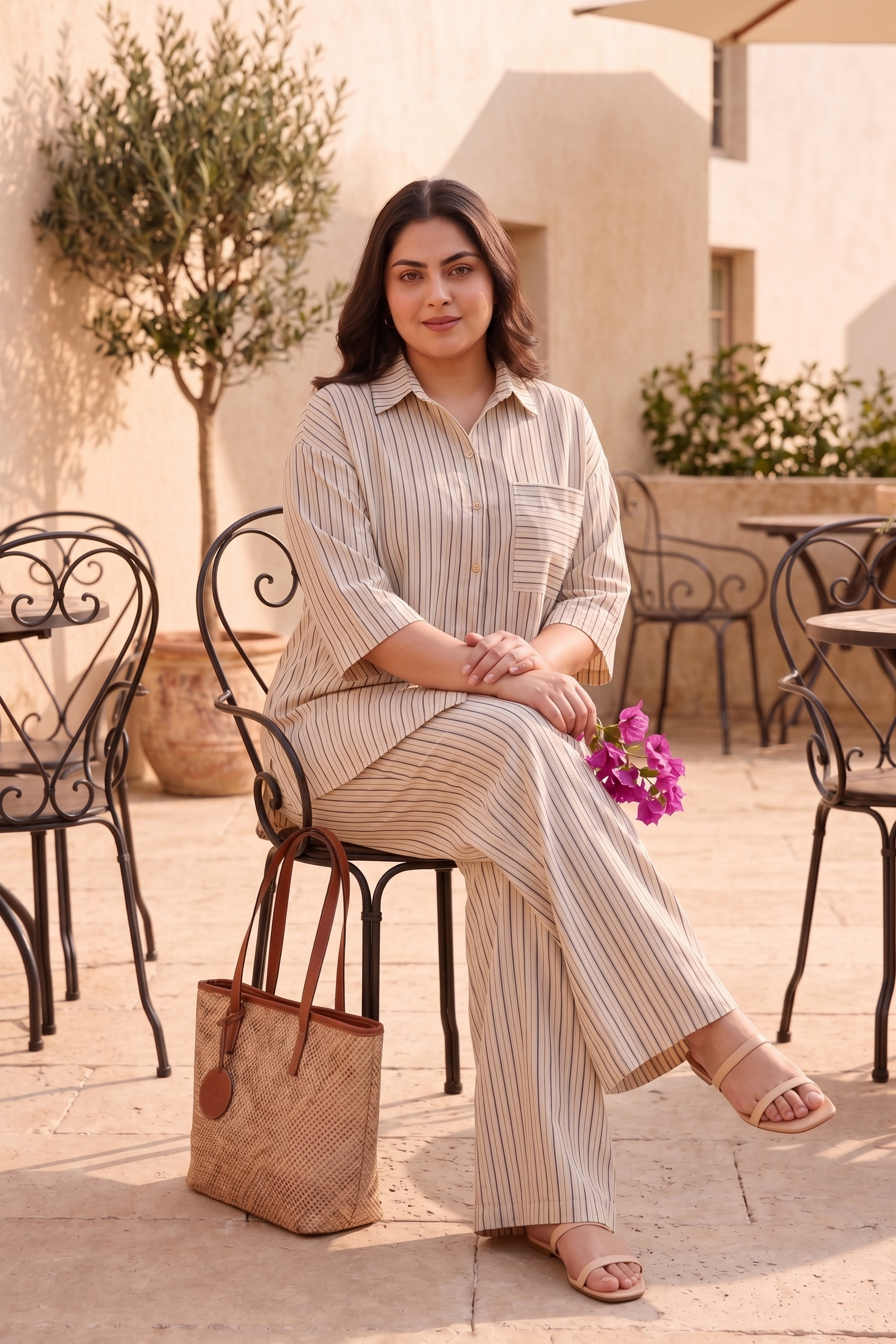 Plus Size Cotton Striped Co-ord Set for Women | Beige Shirt & Wide Leg Pants