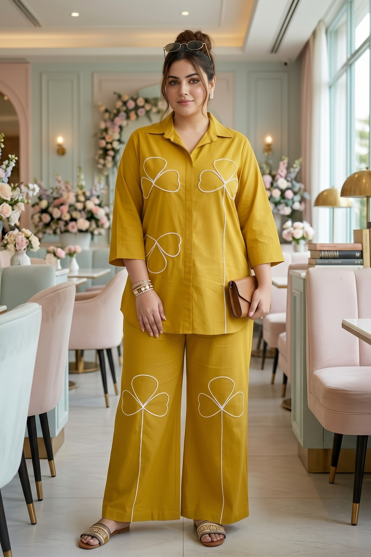 Plus Size Mustard 100% Cotton Co-Ord Set with White Embroidered Details