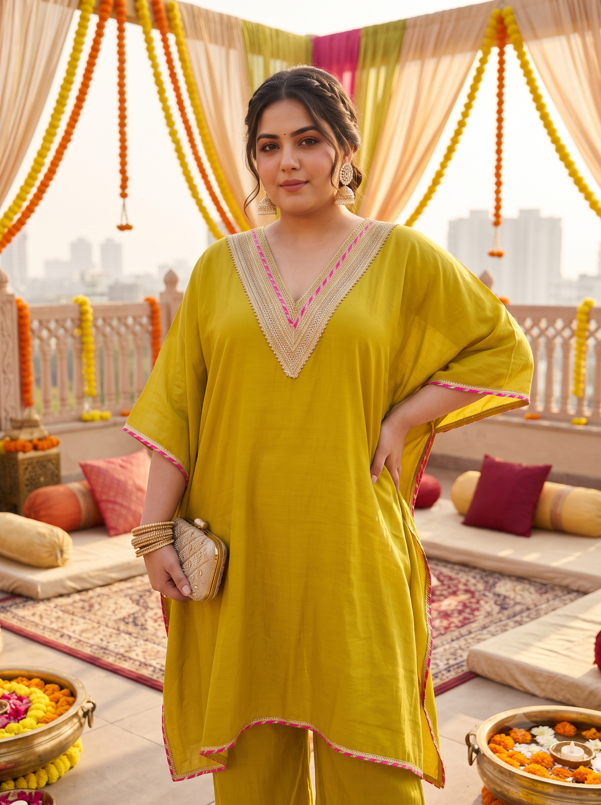 Plus Size Mustard Silk Kurta Set with Embroidered Neckline(set of 3)
