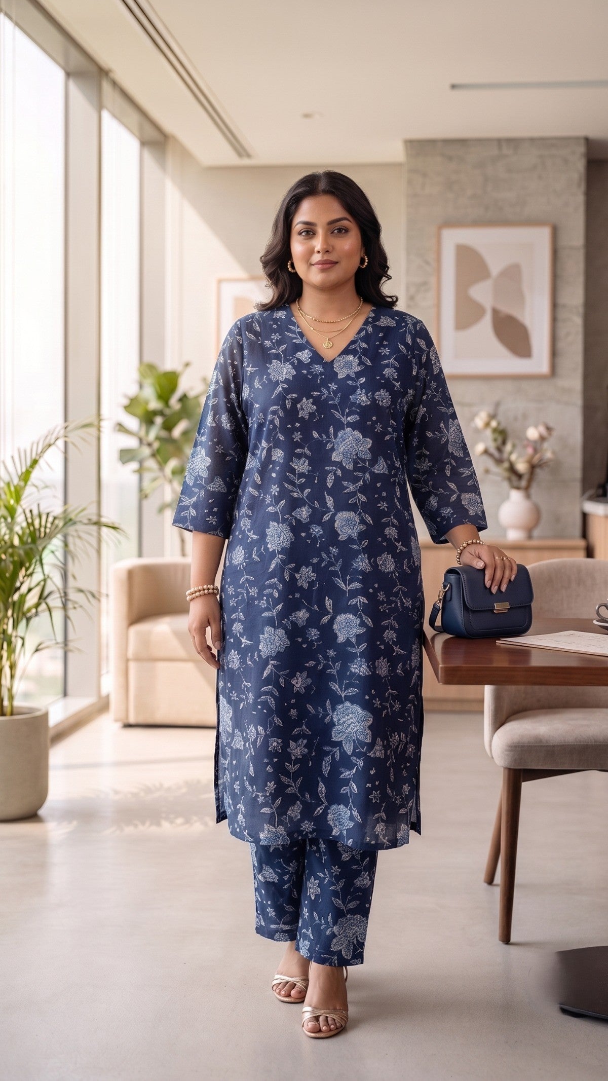 Plus Size Blue Cotton Co-Ord Set for Women – Printed Kurta & Pants Set