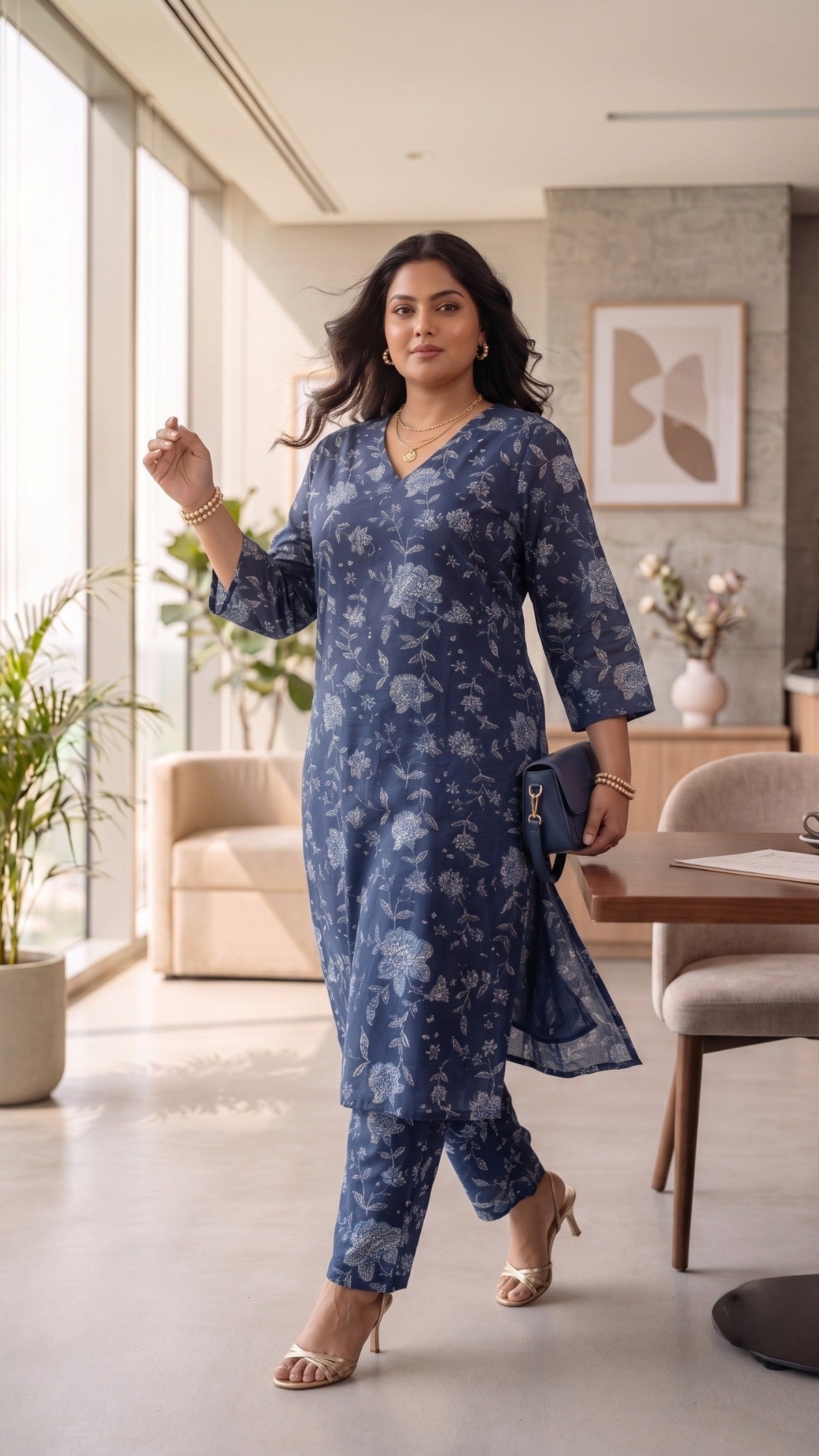 Plus Size Blue Cotton Co-Ord Set for Women – Printed Kurta & Pants Set