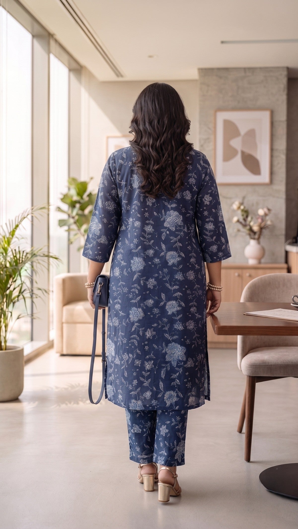 Plus Size Blue Cotton Co-Ord Set for Women – Printed Kurta & Pants Set