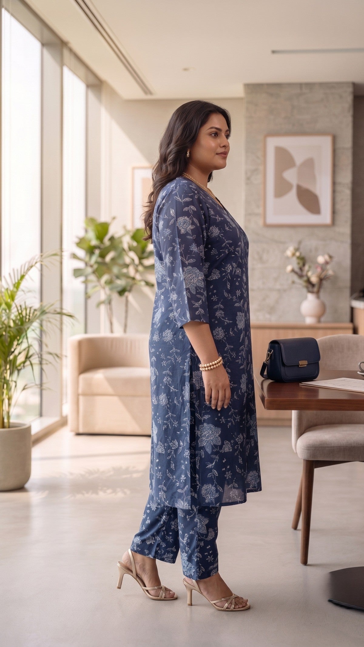 Plus Size Blue Cotton Co-Ord Set for Women – Printed Kurta & Pants Set