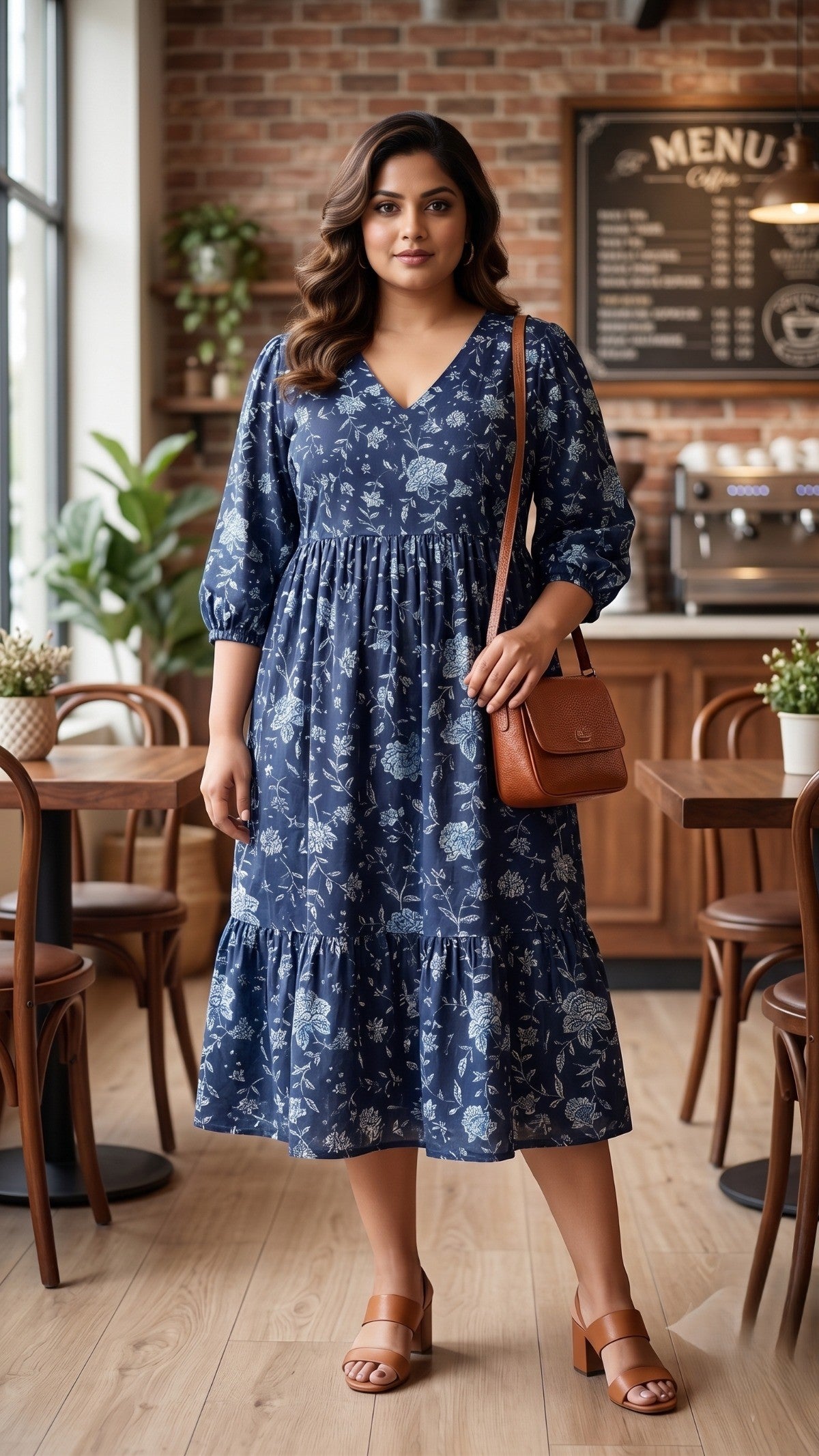Regular Navy Blue Floral Tiered Dress