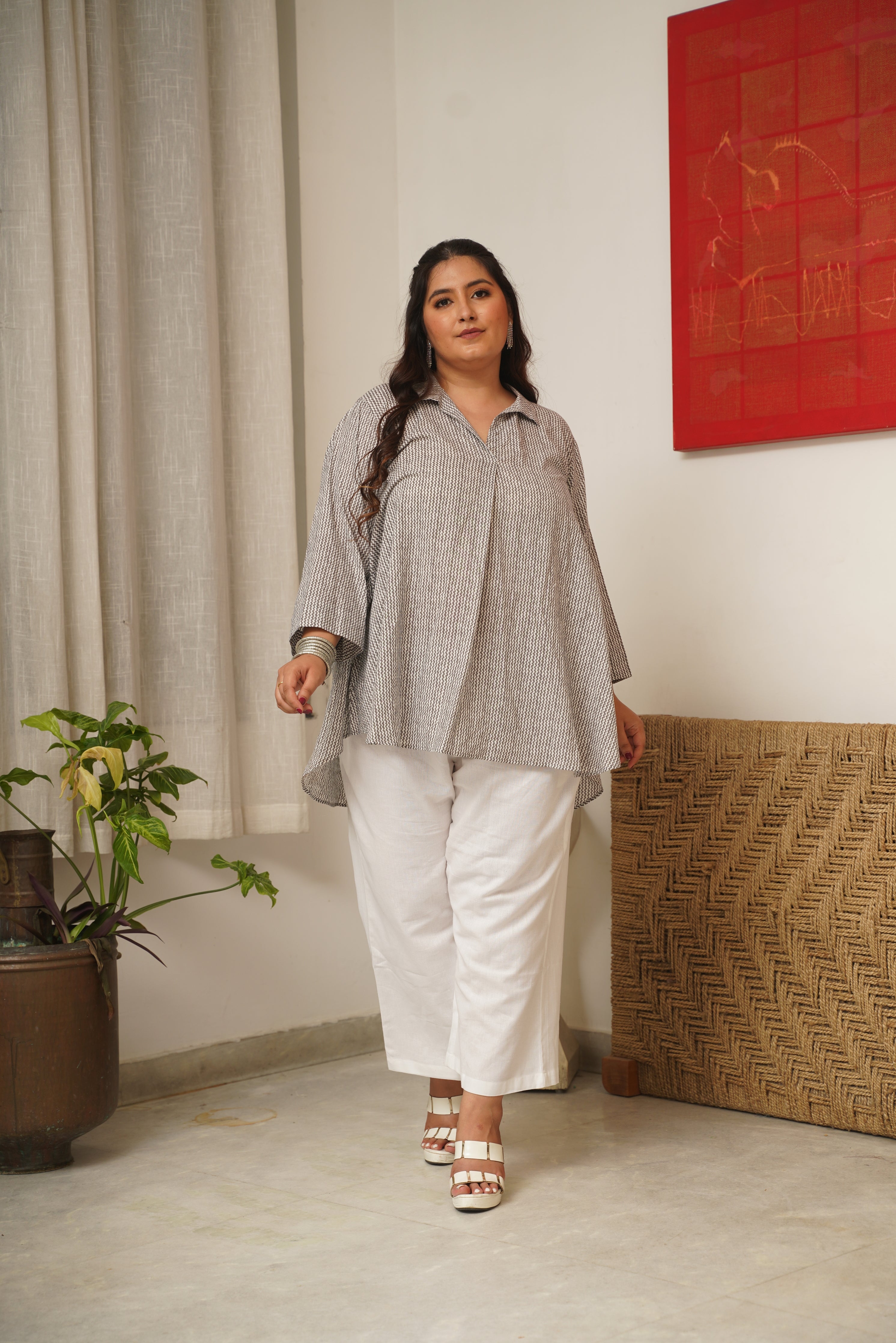 GREY CHEVRON ANTI-FIT TOP AND MID-RISE RELAXED FIT PANTS (SET OF 2)