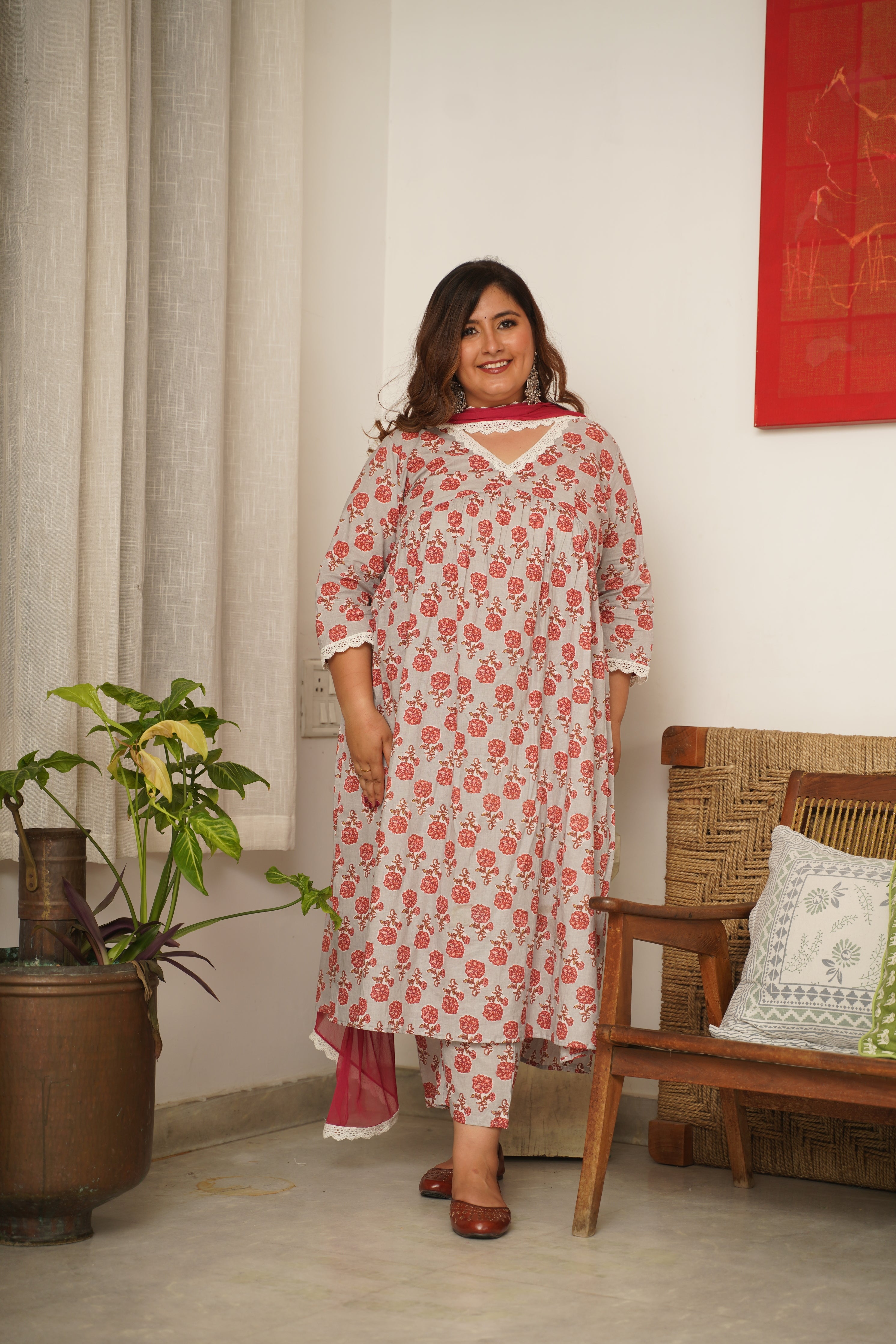 ROSE PRINT ALIA KURTA SUIT SET - ( Set of 3 )