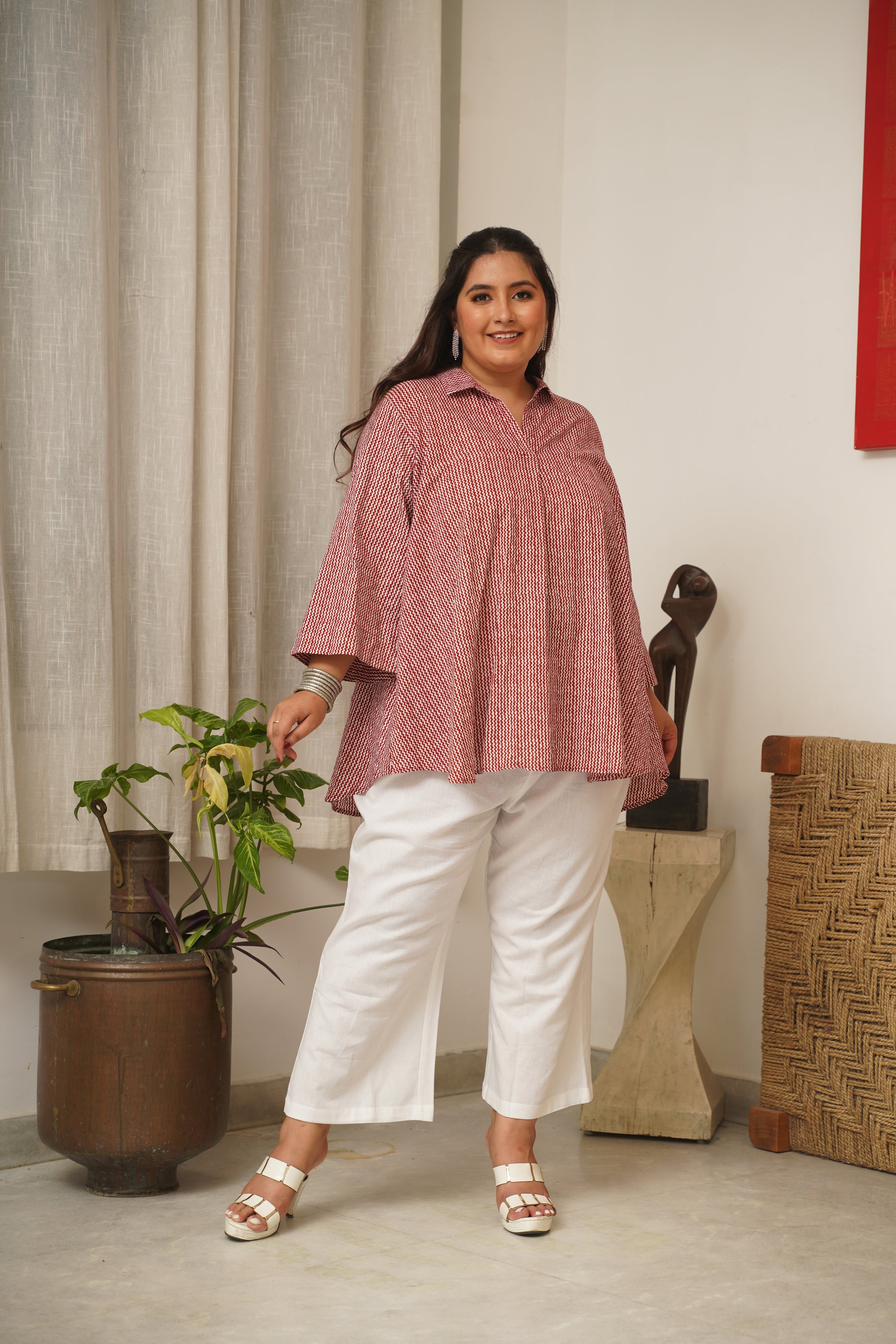 RED CHEVRON ANTI-FIT TOP AND MID-RISE RELAXED FIT LINEN PANTS (SET OF 2)