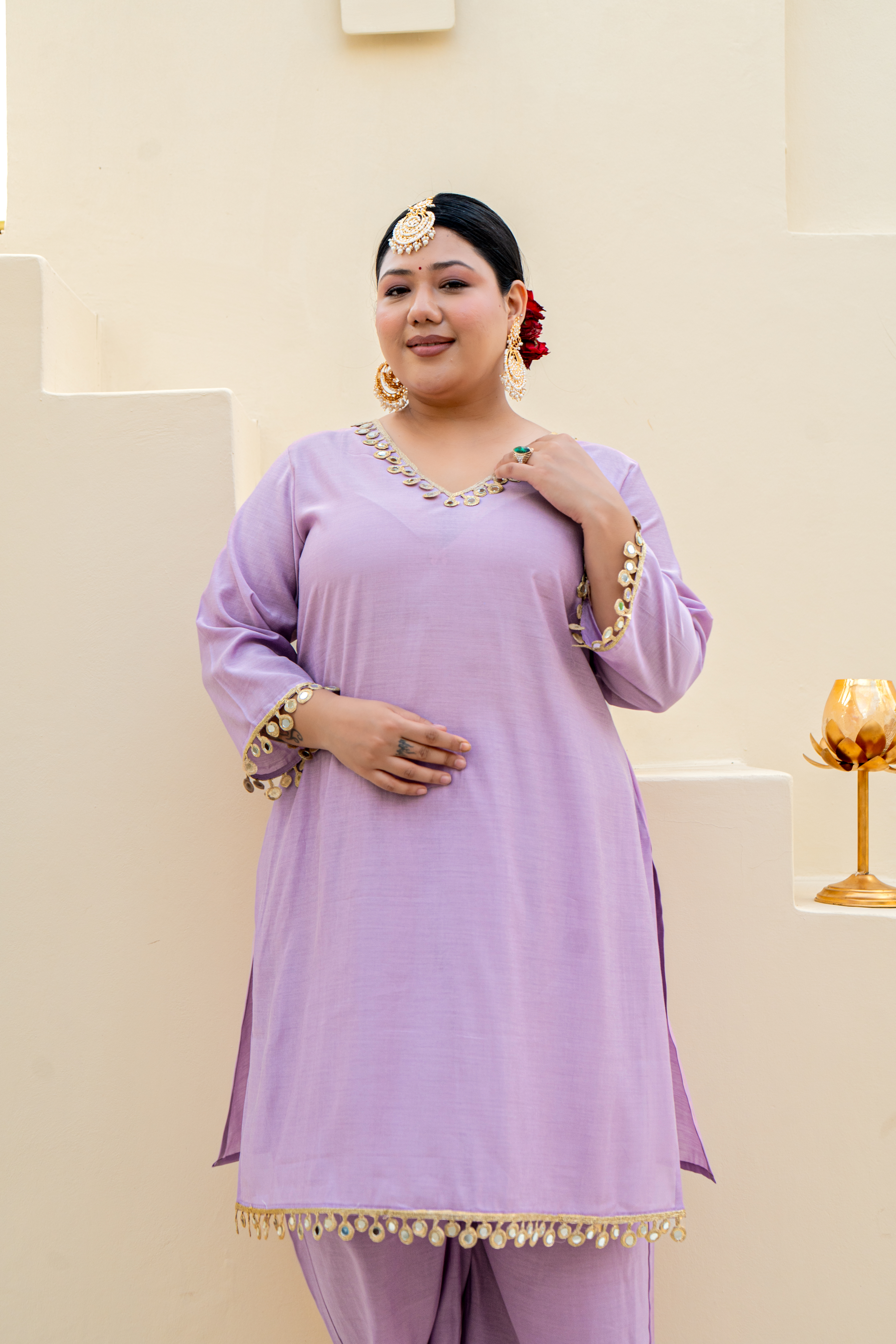 Lilac Mirror-Embellished Roman Silk Kurta Set