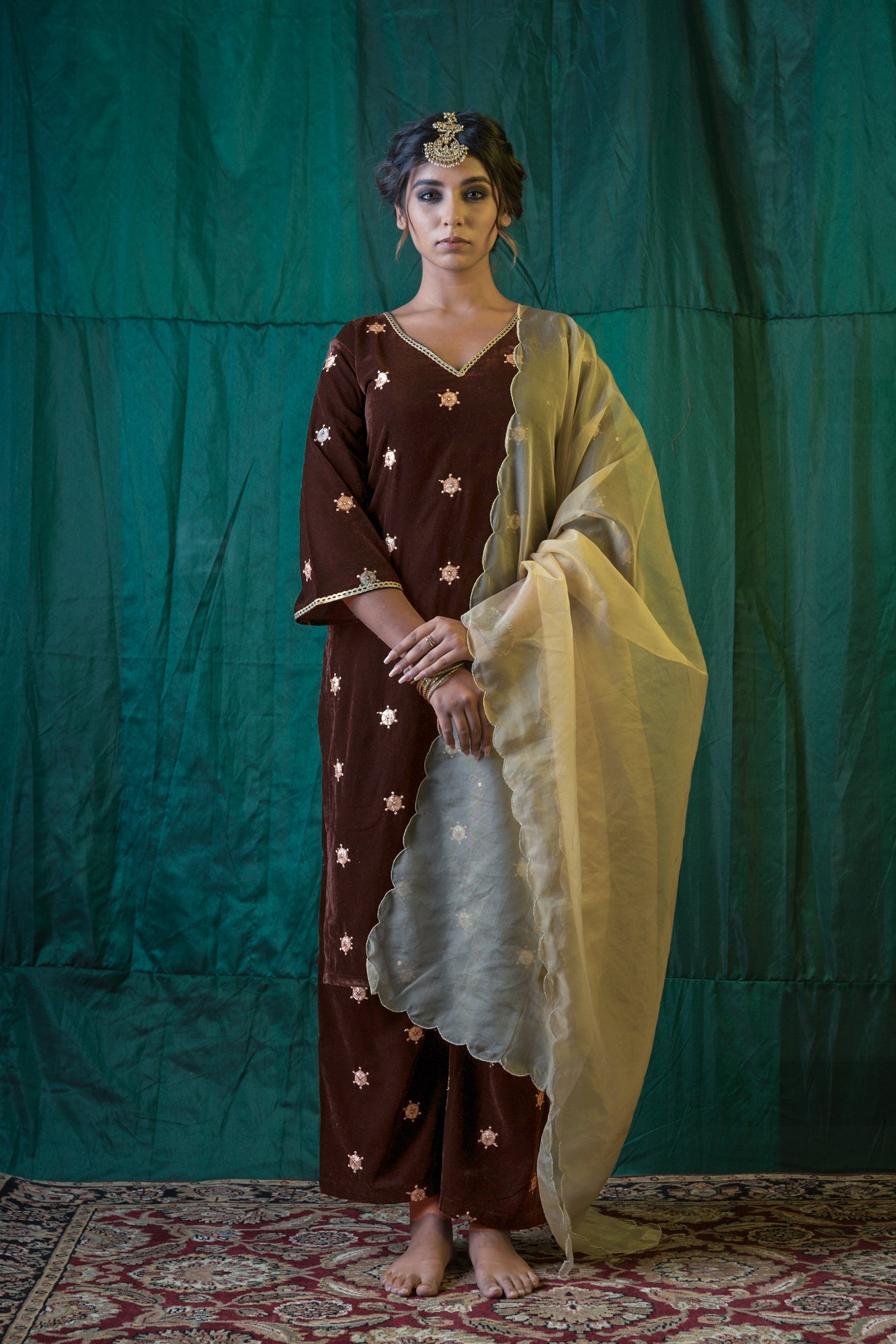 Brown Embroidered Velvet Kurta Set - (Set of 3)