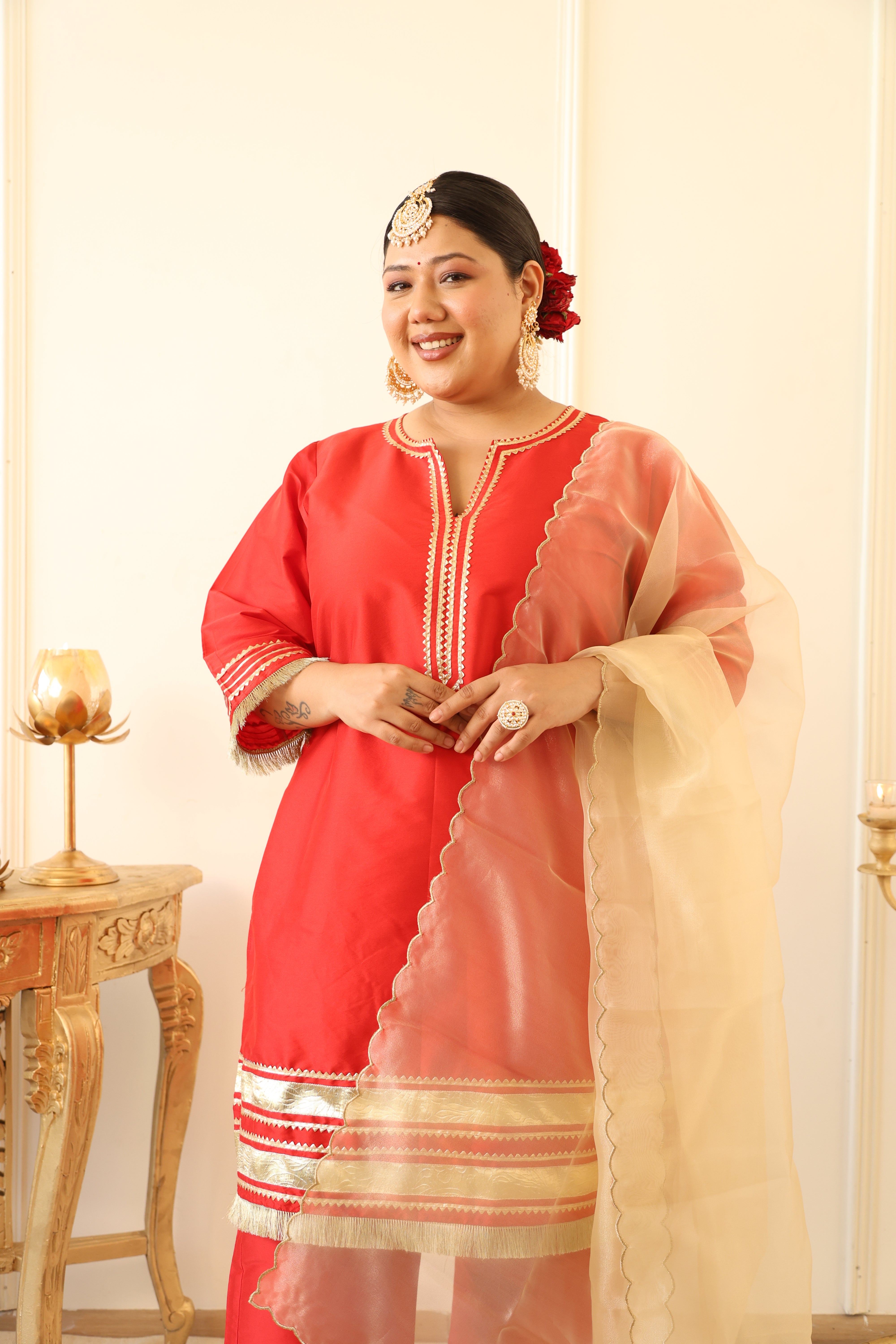 Crimson Red Taffeta Kurta Set with Gota Patti