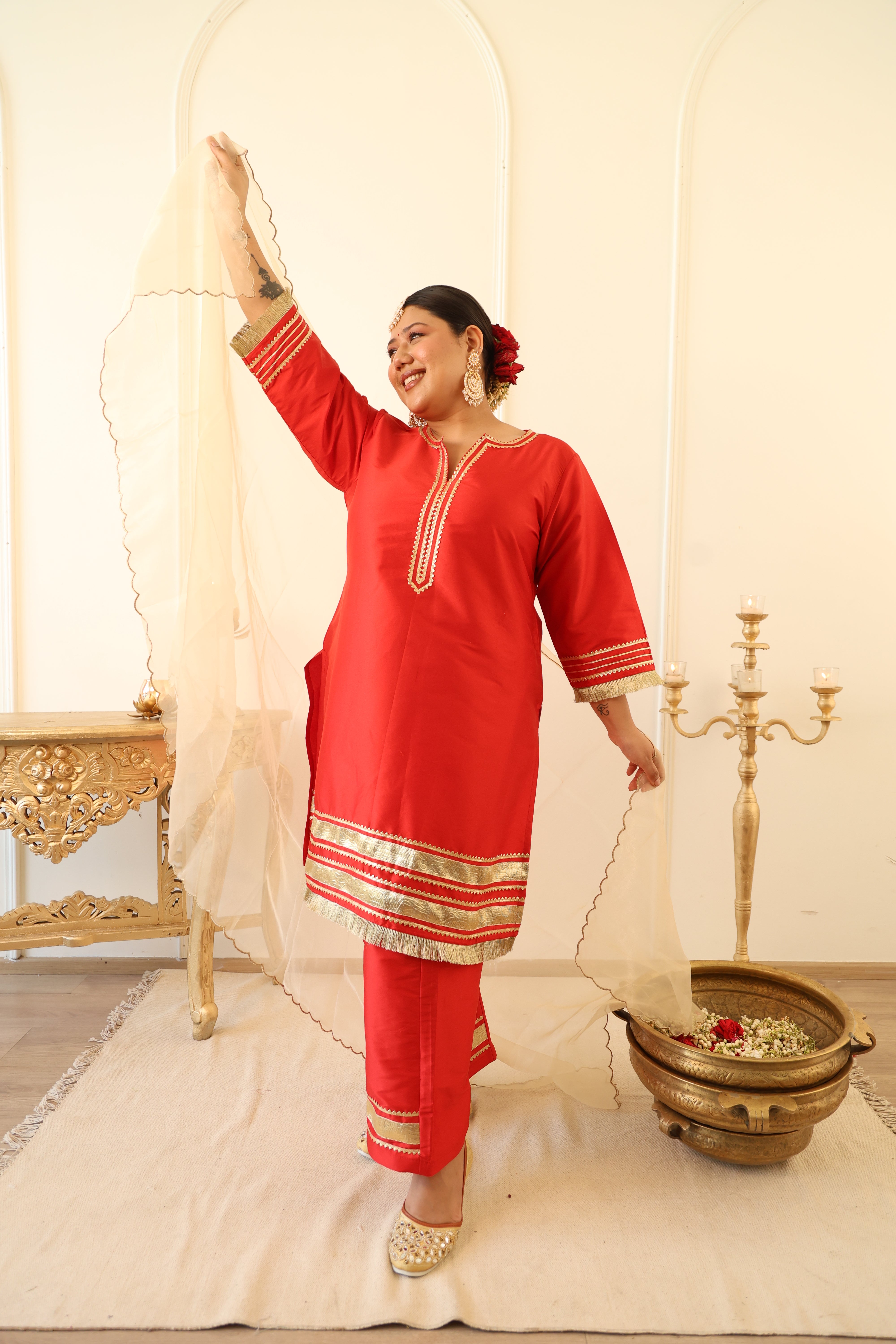 Crimson Red Taffeta Kurta Set with Gota Patti