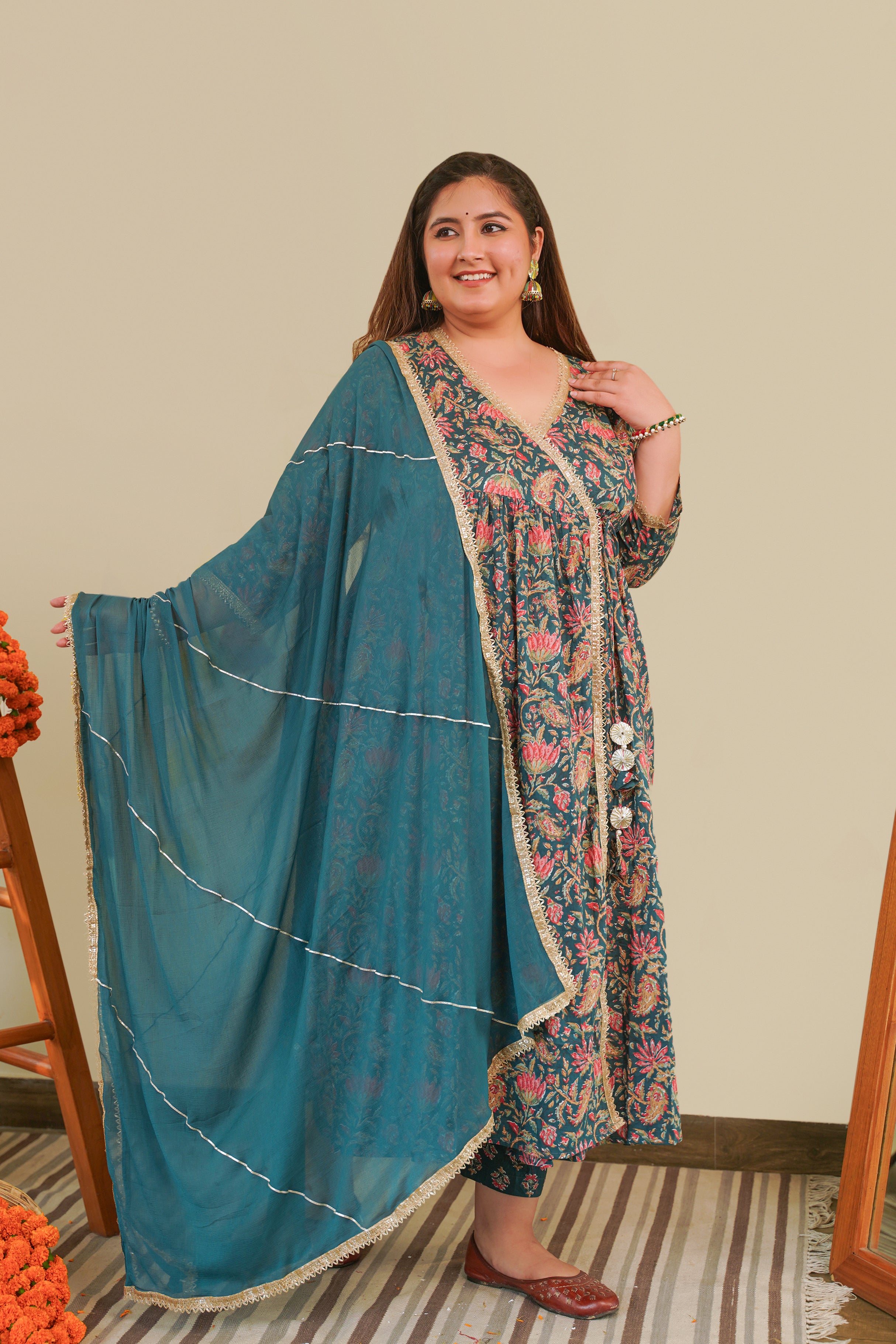 Bottle Green Cotton Printed Angrakha Set (Set of 3)