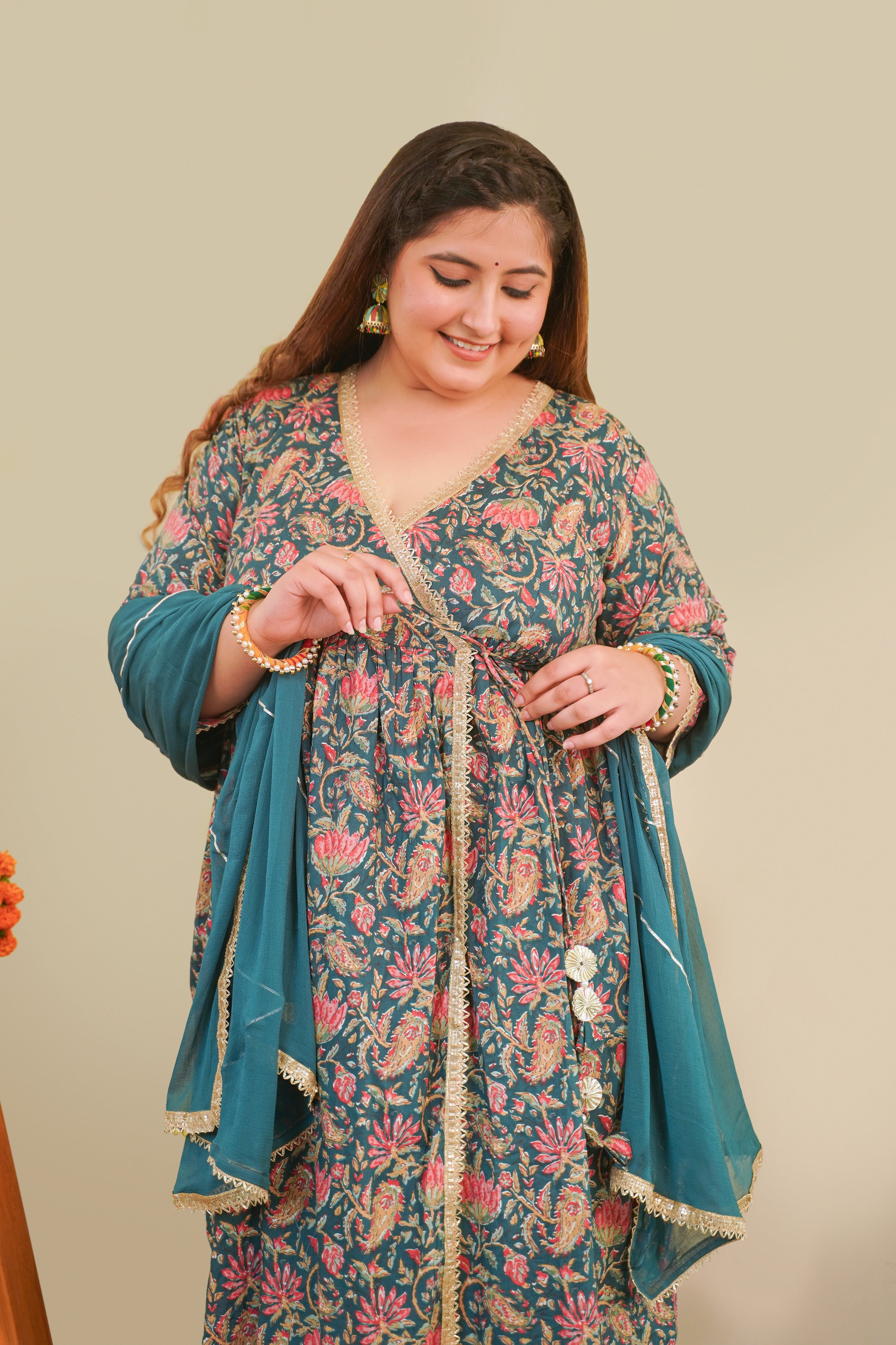 Bottle Green Cotton Printed Angrakha Set (Set of 3)