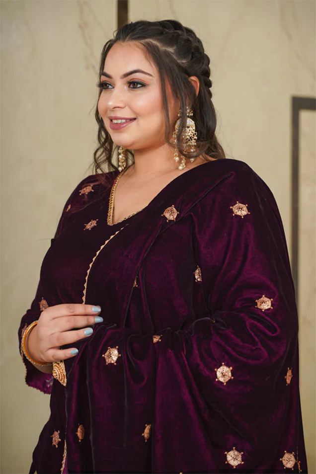 Wine Velvet Embroidered Shawl