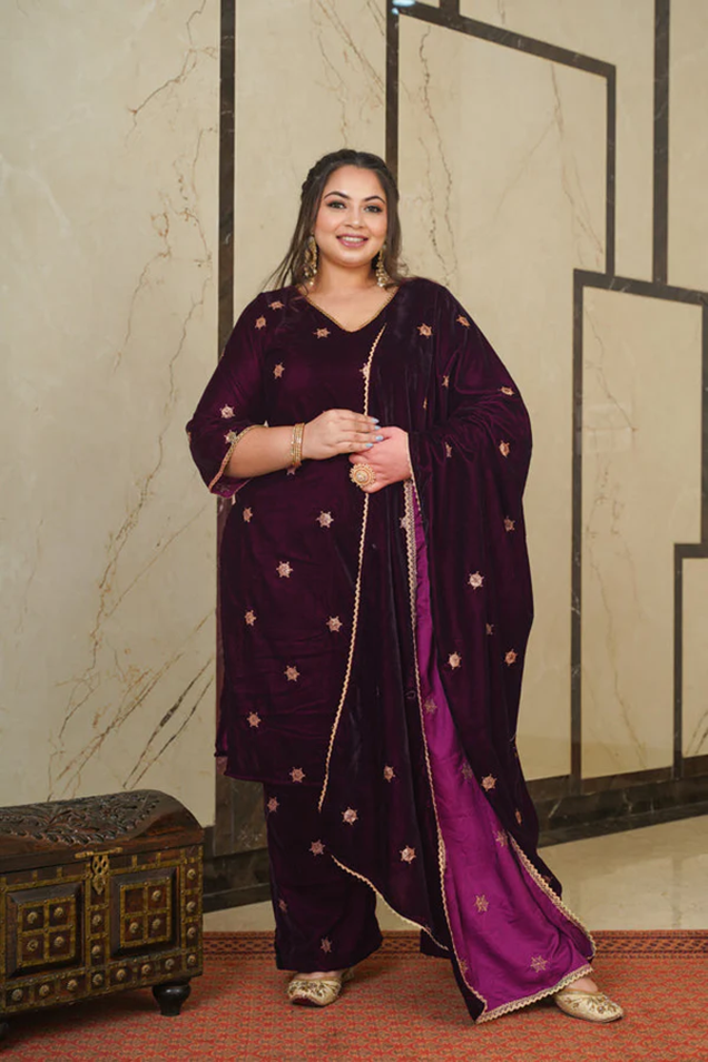 Wine Velvet Embroidered Shawl