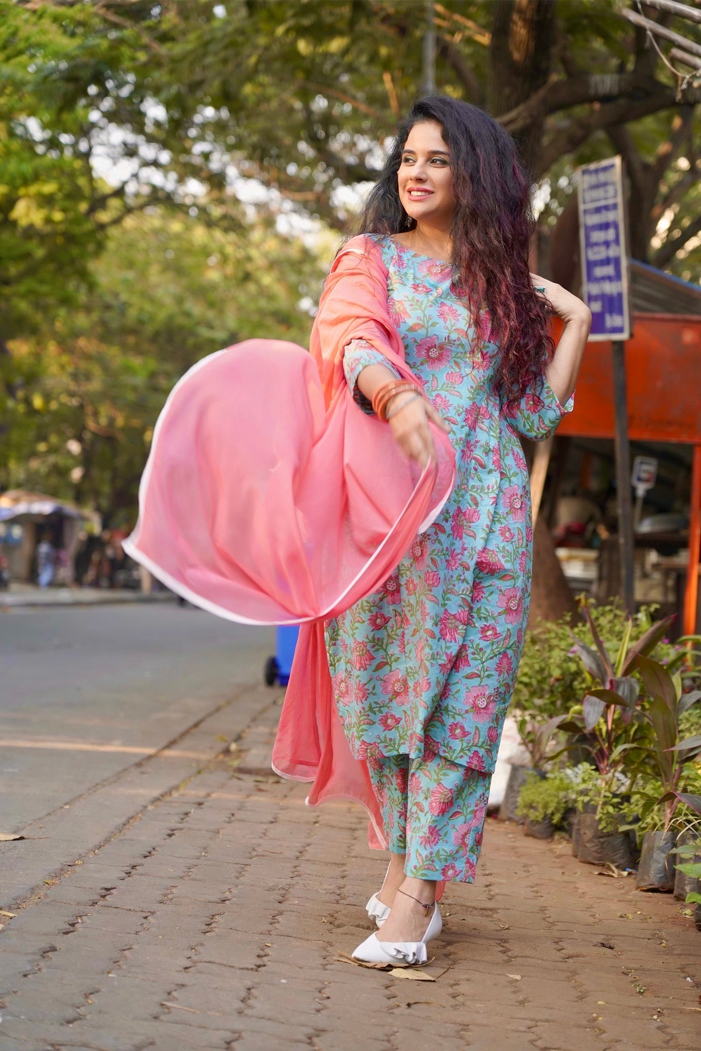 Cotton Blue Pink Floral Printed Kurta Set - (Set of 3)