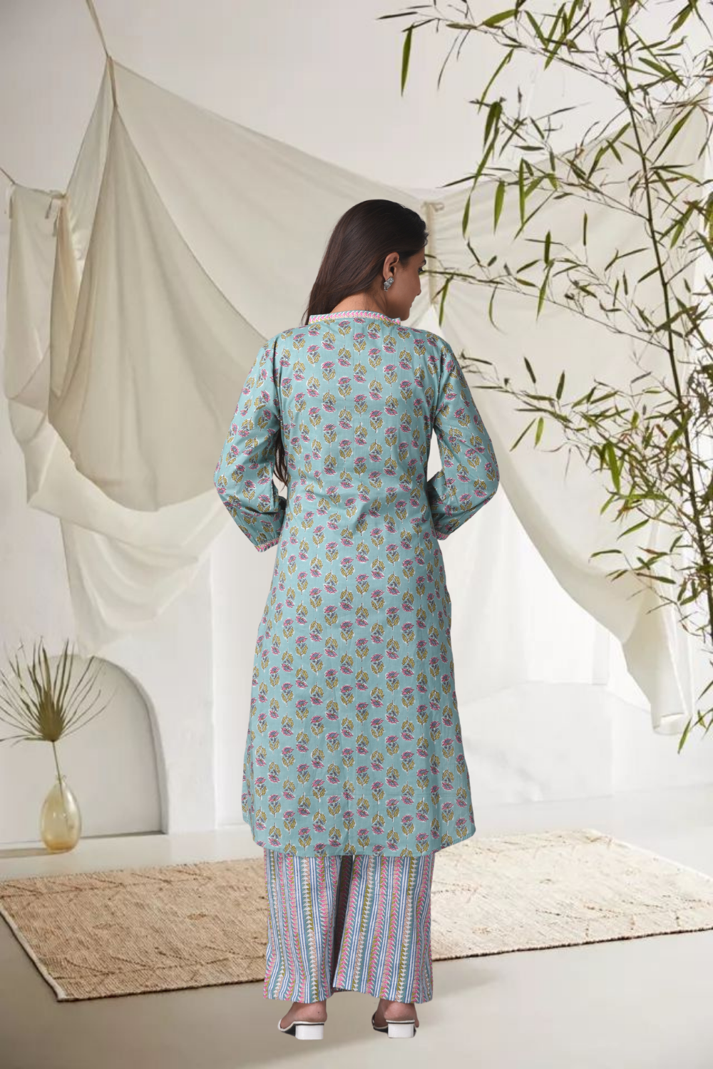 Cotton Green Floral Printed Hilo Kurta Pants Set - (Set of 2)