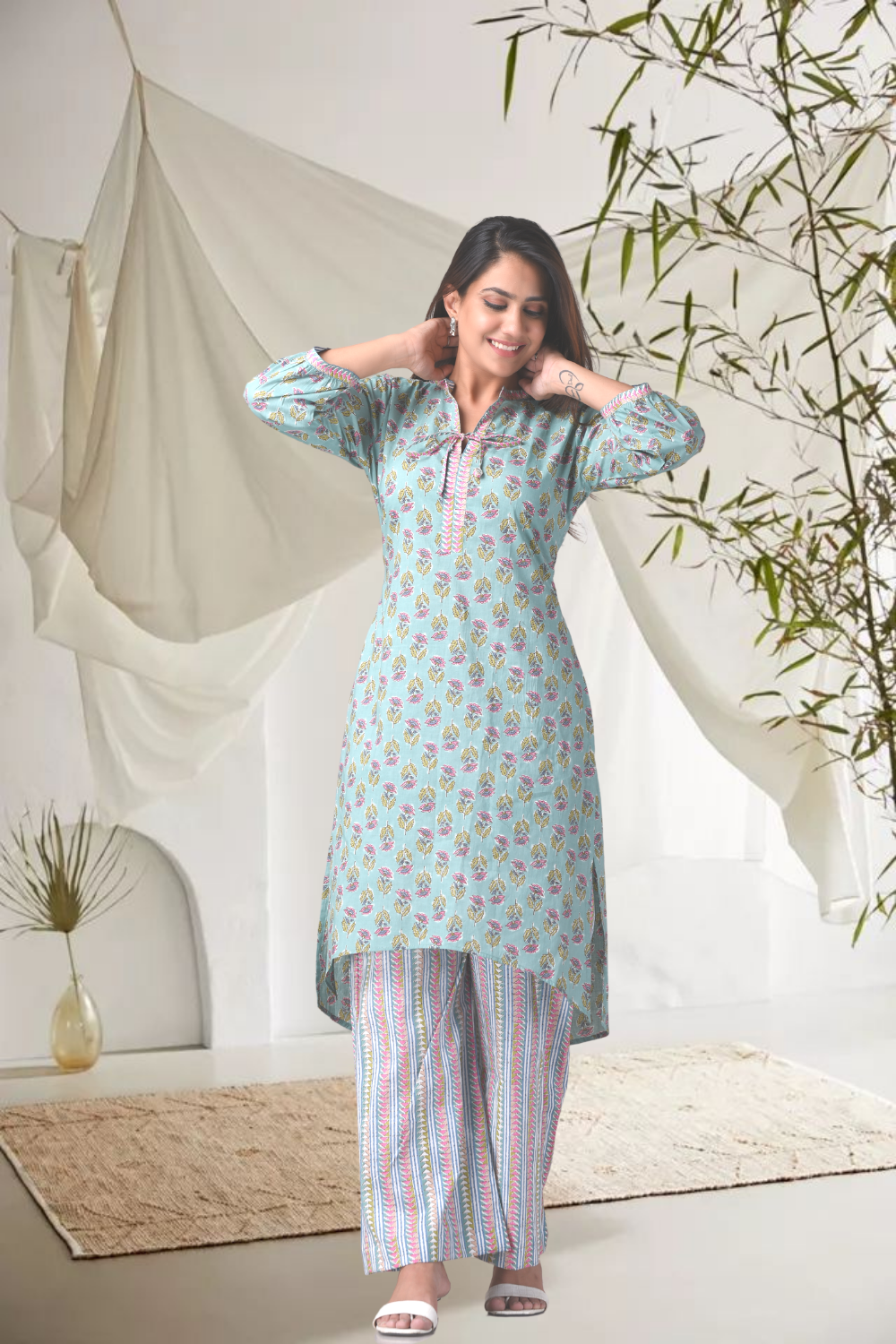 Cotton Green Floral Printed Hilo Kurta Pants Set - (Set of 2)