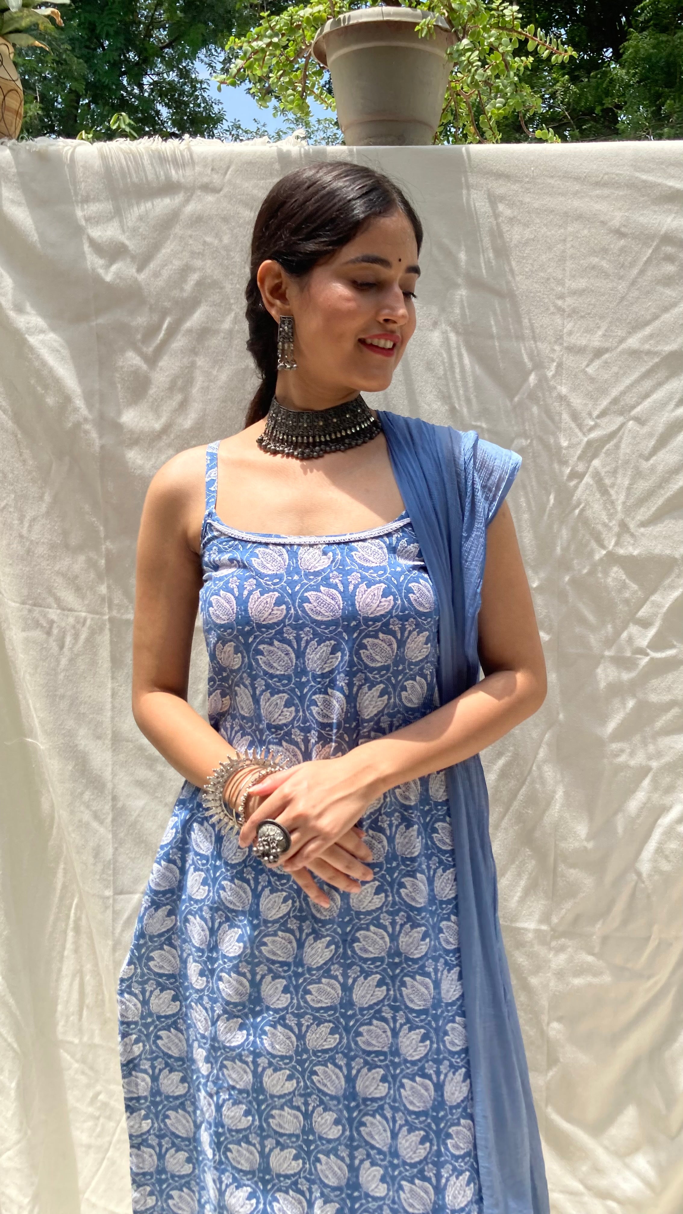 Blue Floral Strap Cotton Kurta (Set of 3)