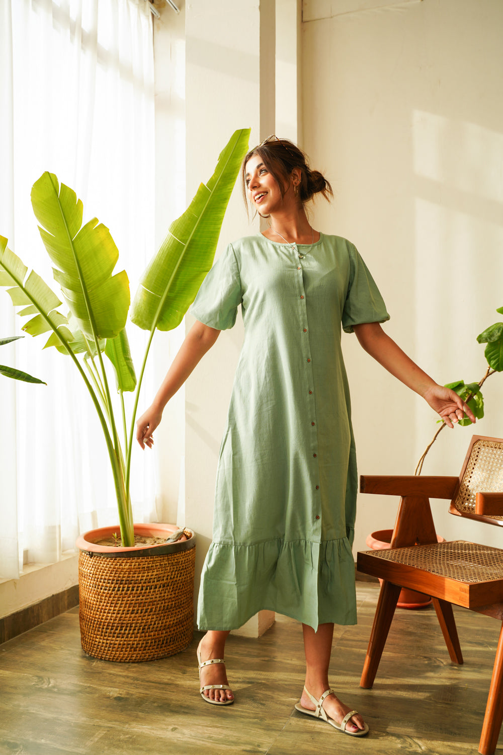 Dusty Green Tiered Linen Shirt Dress