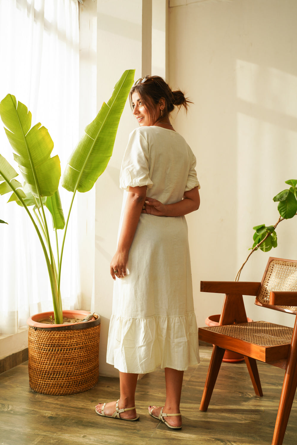 Snow White Tiered Linen Shirt Dress