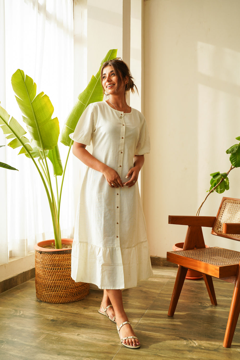 Snow White Tiered Linen Shirt Dress