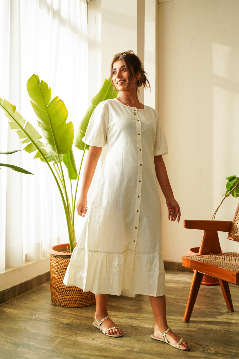 Snow White Tiered Linen Shirt Dress