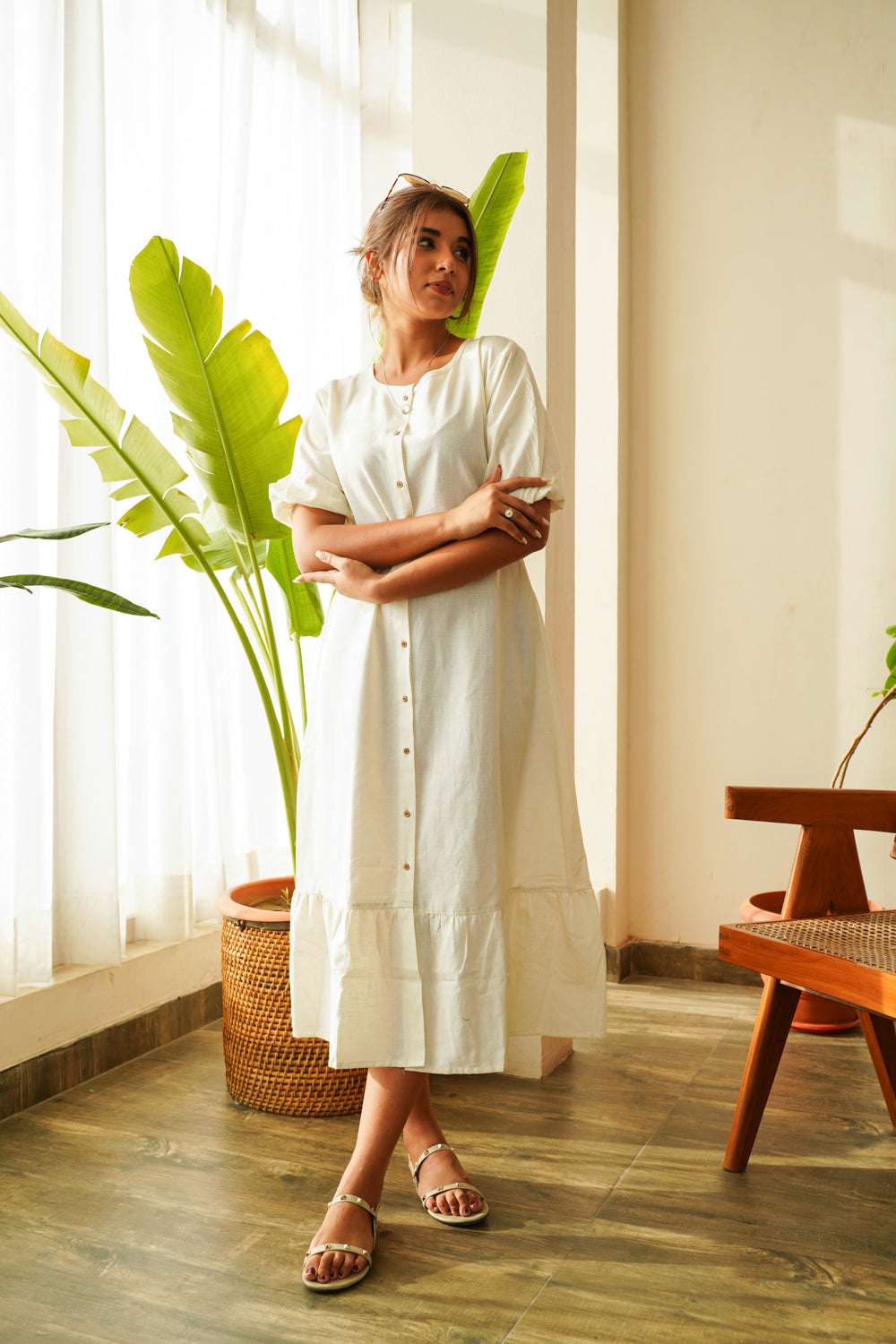 Snow White Tiered Linen Shirt Dress