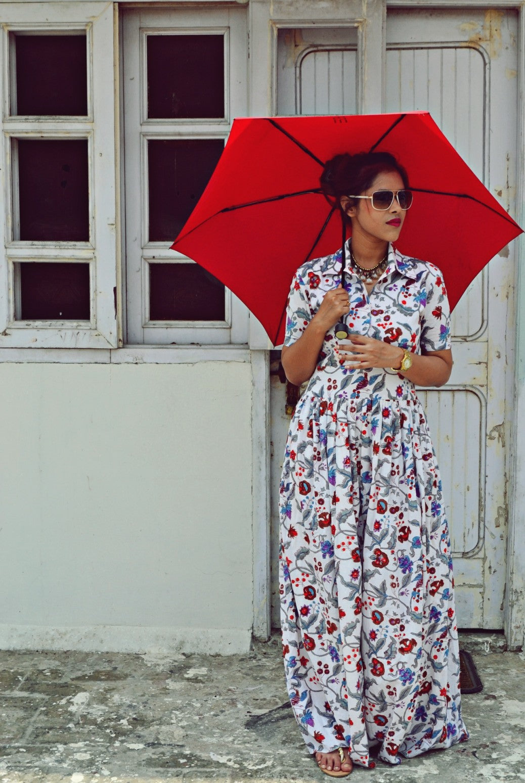 Cotton Floral Print Collared Maxi Dress