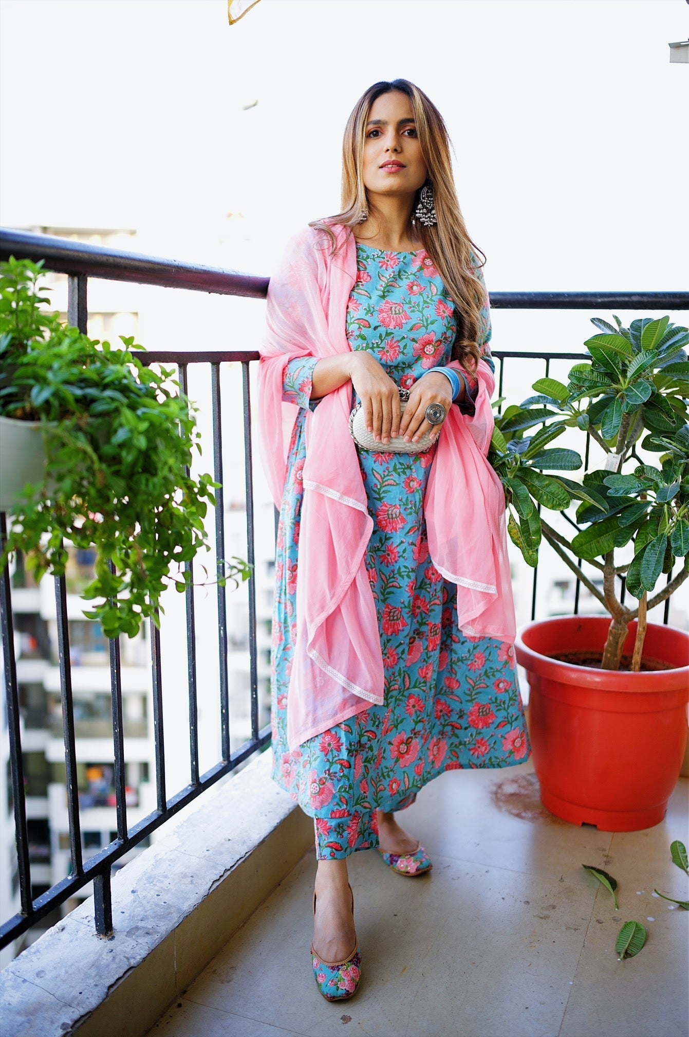 Cotton Blue Pink Floral Printed Kurta Set - (Set of 3)