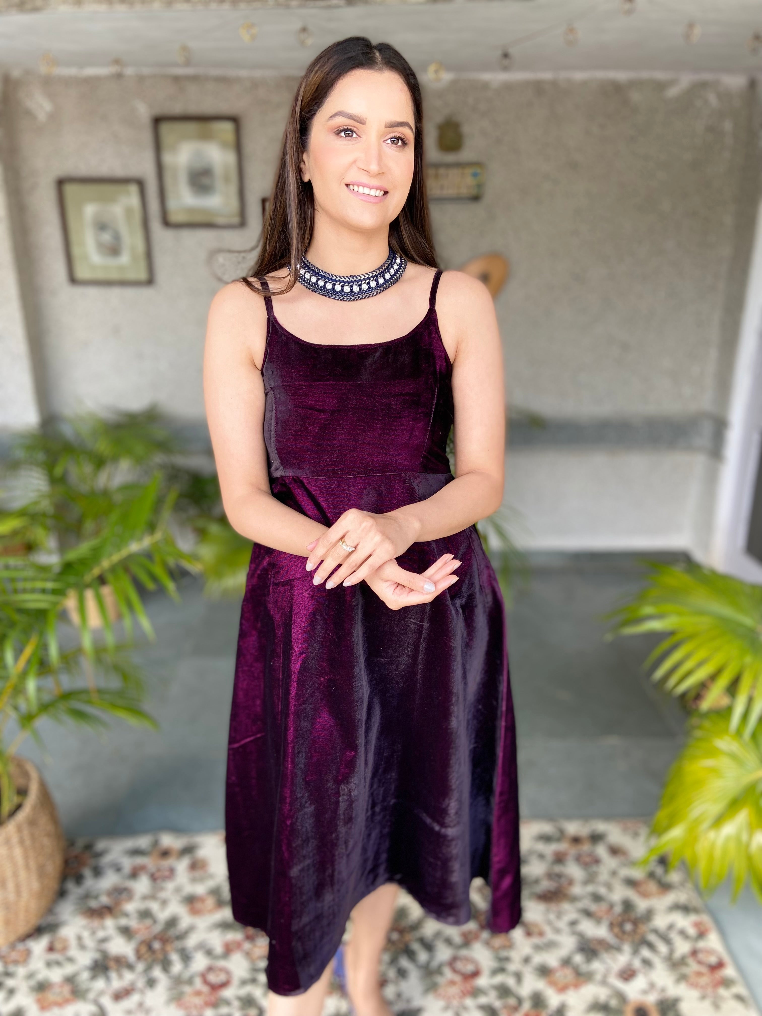 Wine Velvet Strap Dress-Regular Size