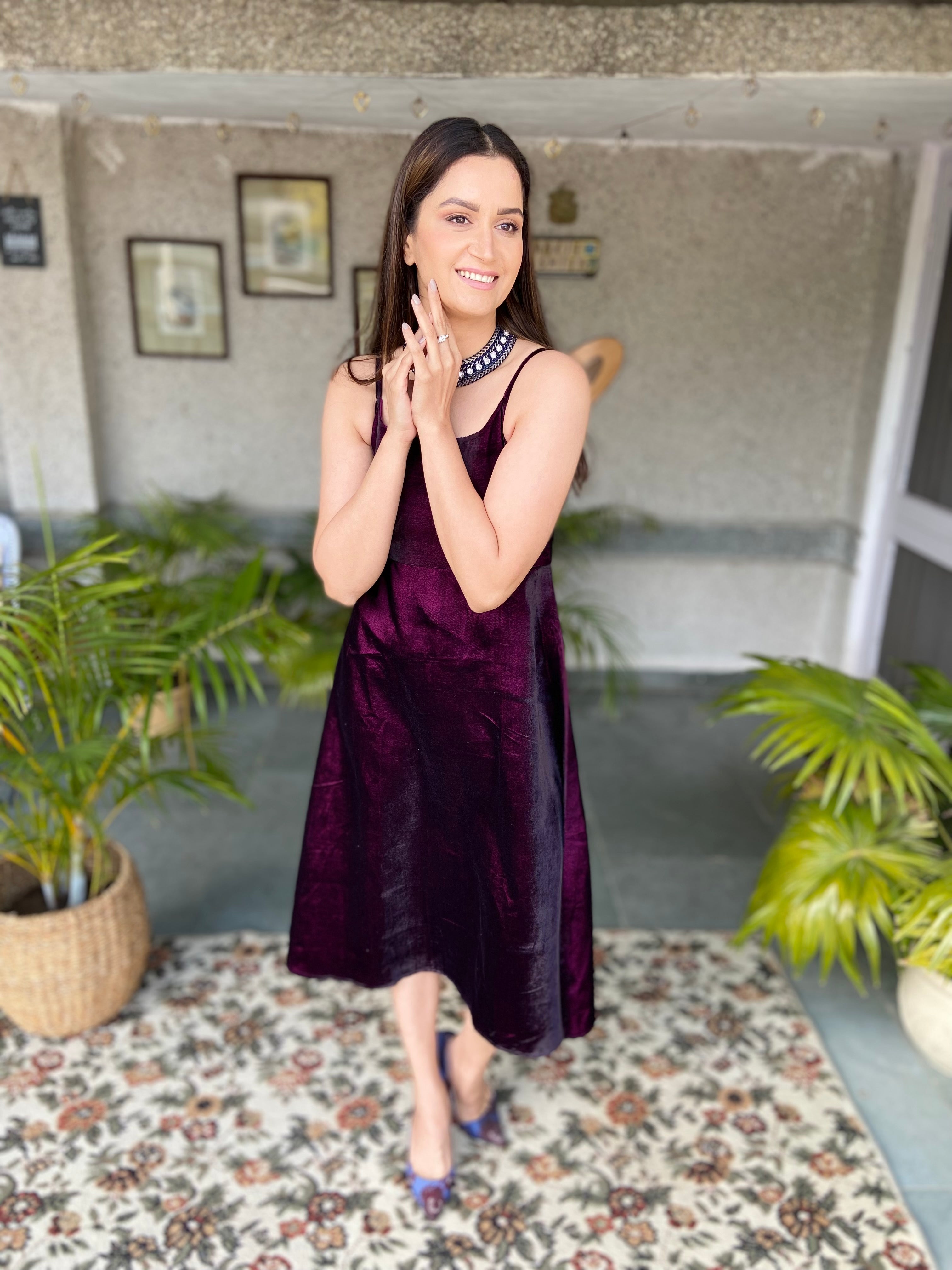 Wine Velvet Strap Dress-Regular Size